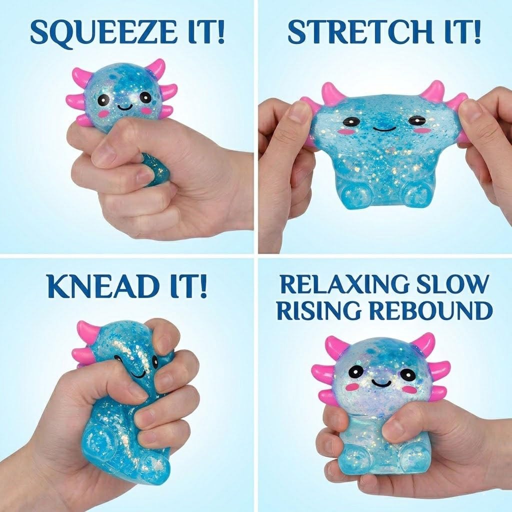 Axolotl Squishy Toy, Glitter Fidget Toys Cute Axolotl Stress Relief Squeeze Toy Gifts for Kids Youth Adult, Party Favors Squishies Toys (Pink&BlueA)