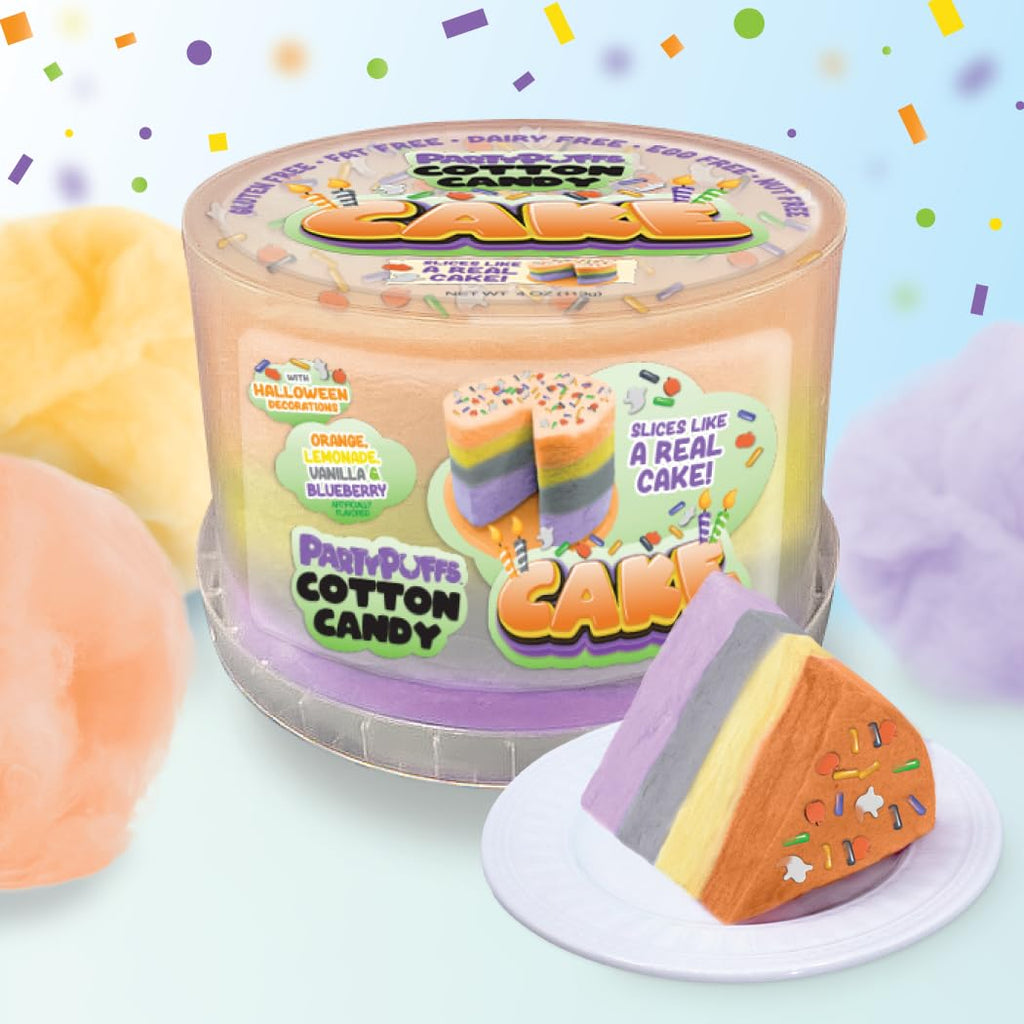 PartyPuffs 4oz Sliceable Cotton Candy Cake Tub – Strawberry Apple Blue Raspberry Lemon – Ready-to-Serve Gluten-Free Candy Dessert for Kids & Parties