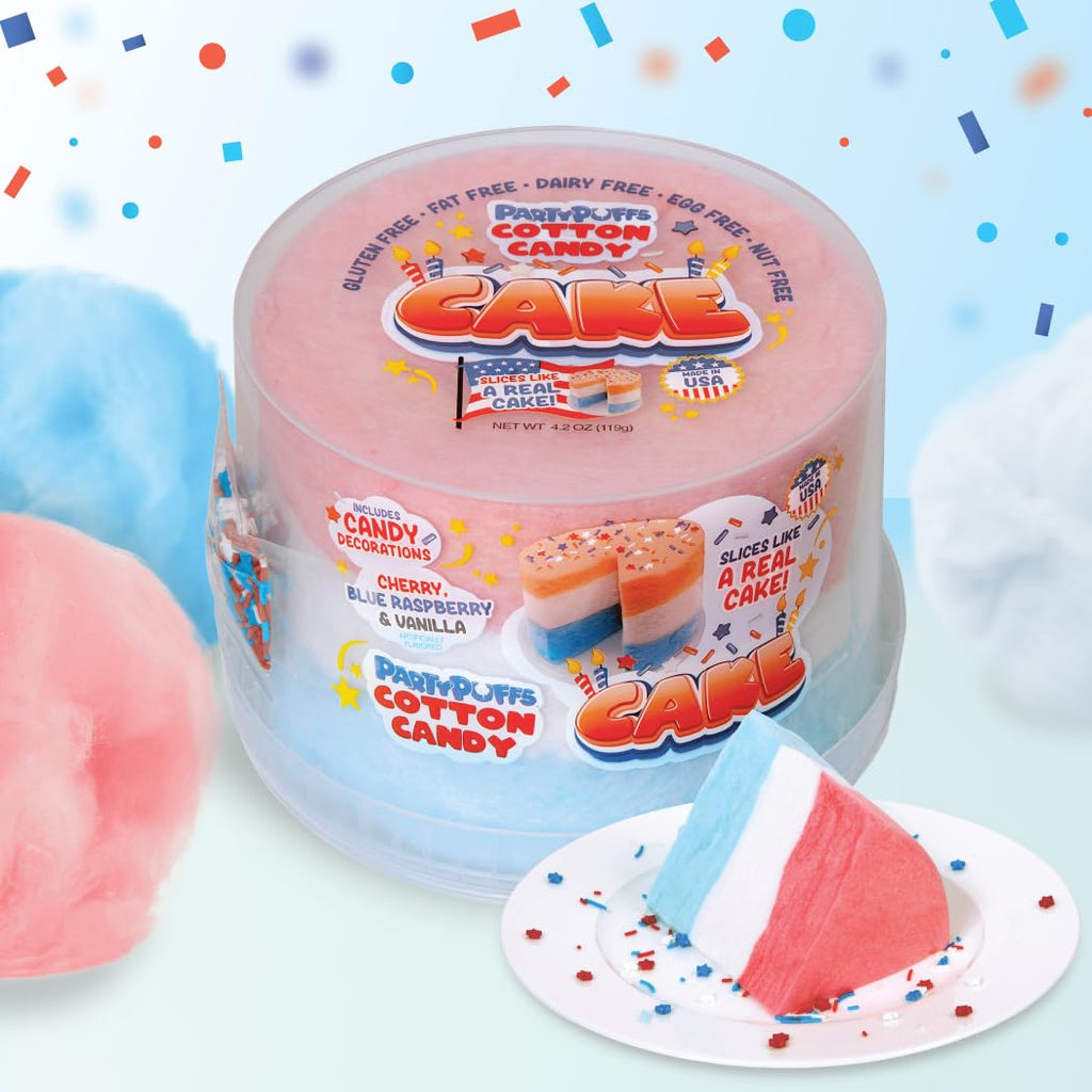 PartyPuffs 4oz Sliceable Cotton Candy Cake Tub – Strawberry Apple Blue Raspberry Lemon – Ready-to-Serve Gluten-Free Candy Dessert for Kids & Parties