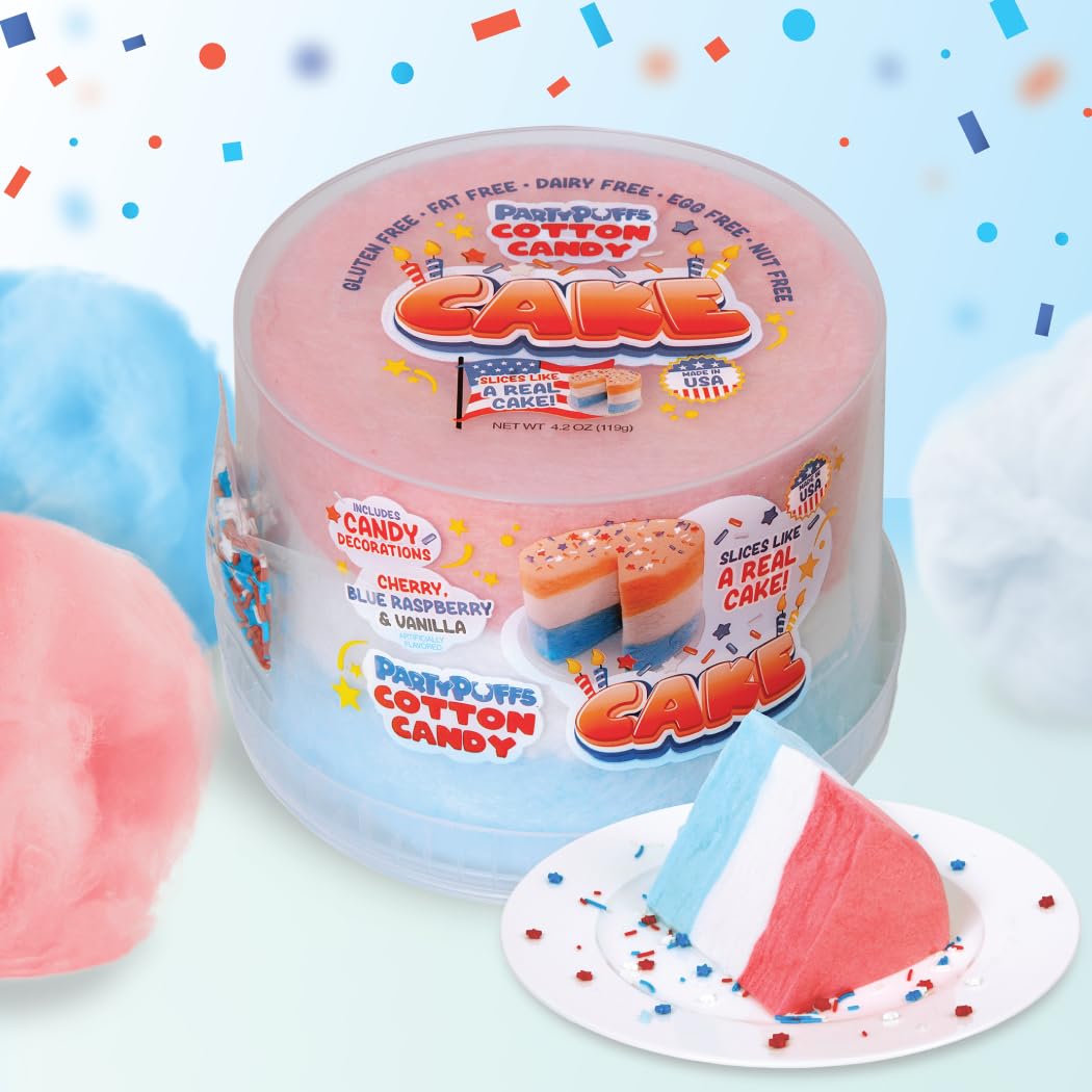 PartyPuffs 4oz Sliceable Cotton Candy Cake Tub – Strawberry Apple Blue Raspberry Lemon – Ready-to-Serve Gluten-Free Candy Dessert for Kids & Parties