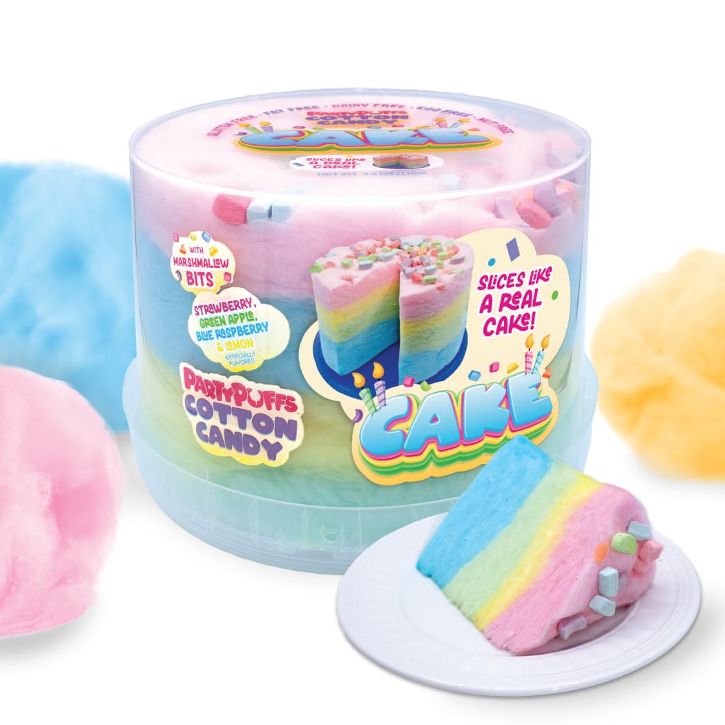 PartyPuffs 4oz Sliceable Cotton Candy Cake Tub – Strawberry Apple Blue Raspberry Lemon – Ready-to-Serve Gluten-Free Candy Dessert for Kids & Parties
