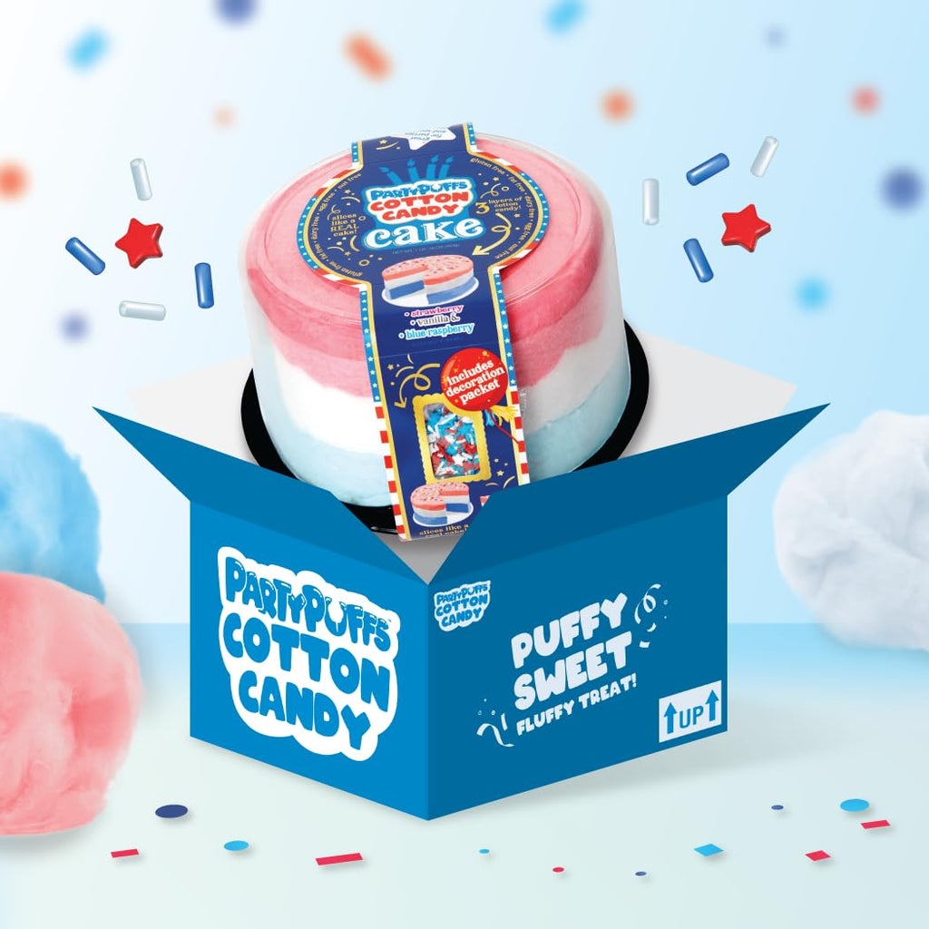 PartyPuffs 4oz Sliceable Cotton Candy Cake Tub – Strawberry Apple Blue Raspberry Lemon – Ready-to-Serve Gluten-Free Candy Dessert for Kids & Parties