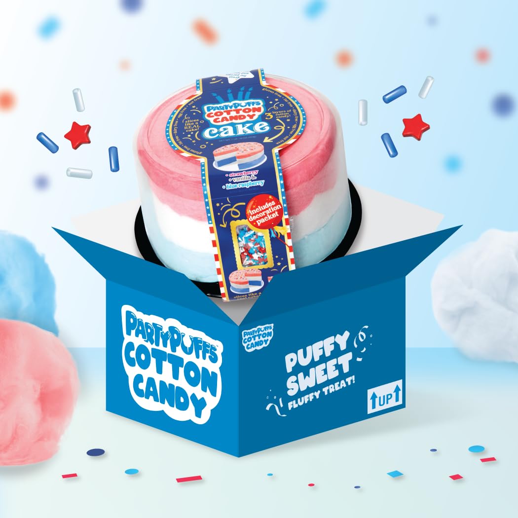 PartyPuffs 4oz Sliceable Cotton Candy Cake Tub – Strawberry Apple Blue Raspberry Lemon – Ready-to-Serve Gluten-Free Candy Dessert for Kids & Parties