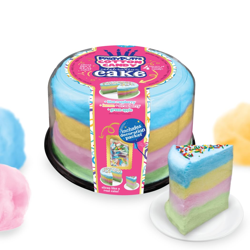 PartyPuffs 4oz Sliceable Cotton Candy Cake Tub – Strawberry Apple Blue Raspberry Lemon – Ready-to-Serve Gluten-Free Candy Dessert for Kids & Parties