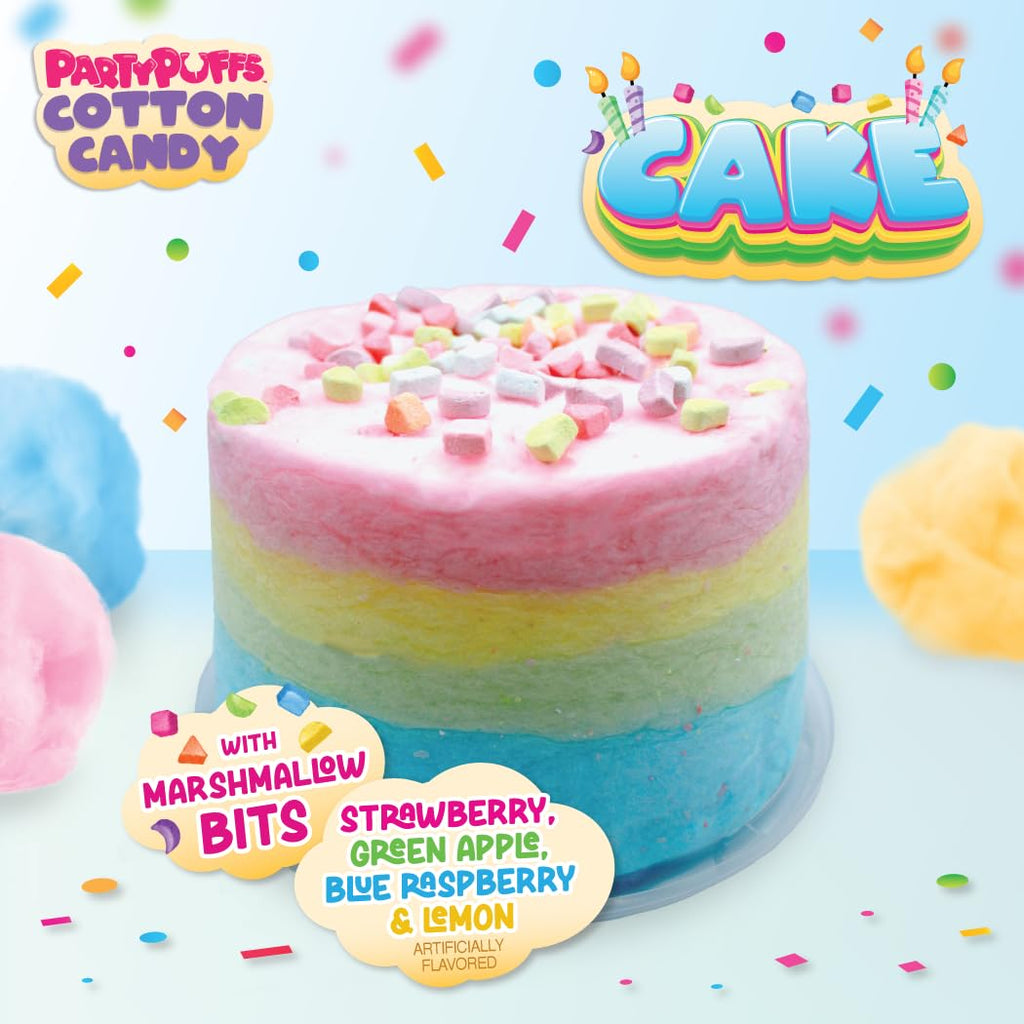 PartyPuffs 4oz Sliceable Cotton Candy Cake Tub – Strawberry Apple Blue Raspberry Lemon – Ready-to-Serve Gluten-Free Candy Dessert for Kids & Parties