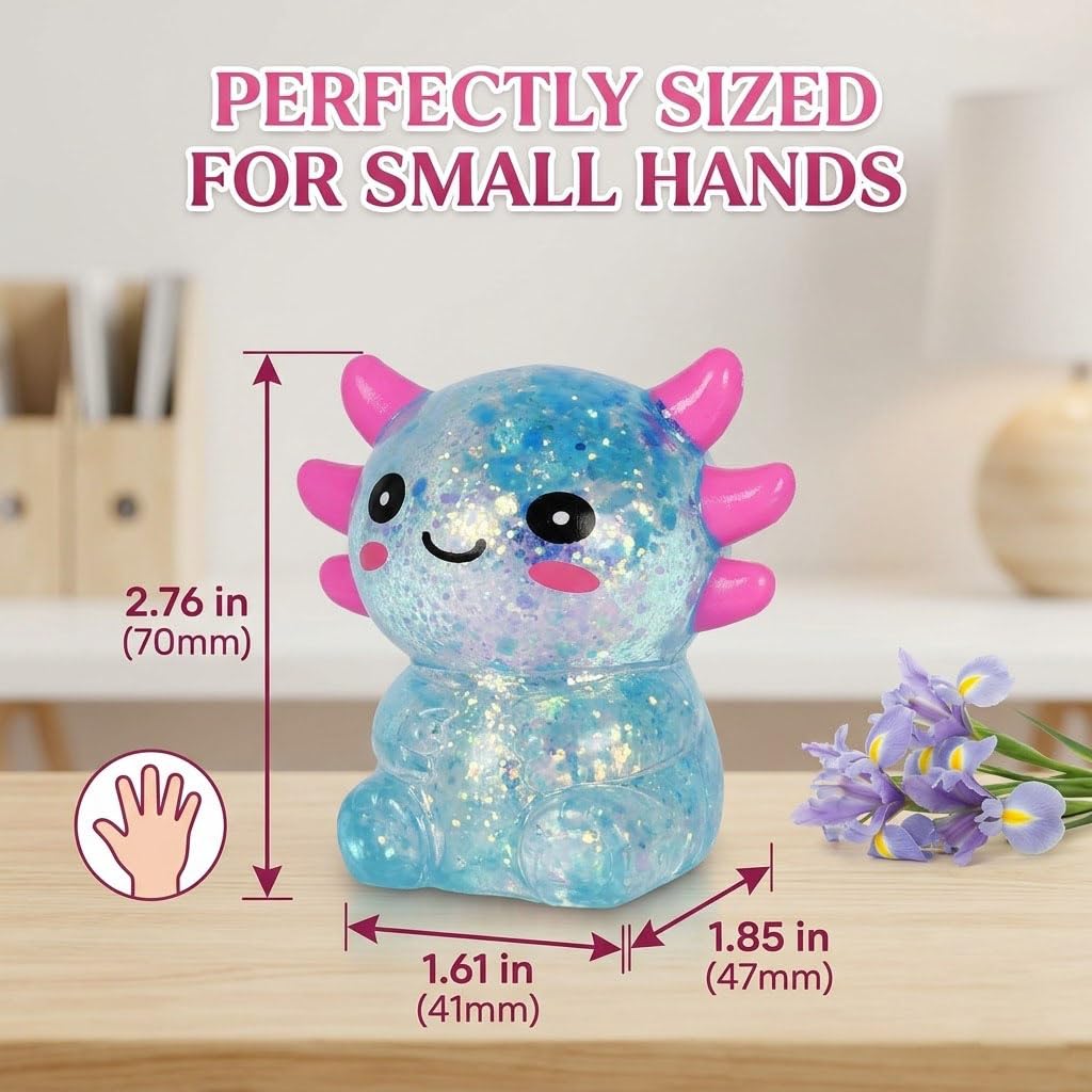 Axolotl Squishy Toy, Glitter Fidget Toys Cute Axolotl Stress Relief Squeeze Toy Gifts for Kids Youth Adult, Party Favors Squishies Toys (Pink&BlueA)