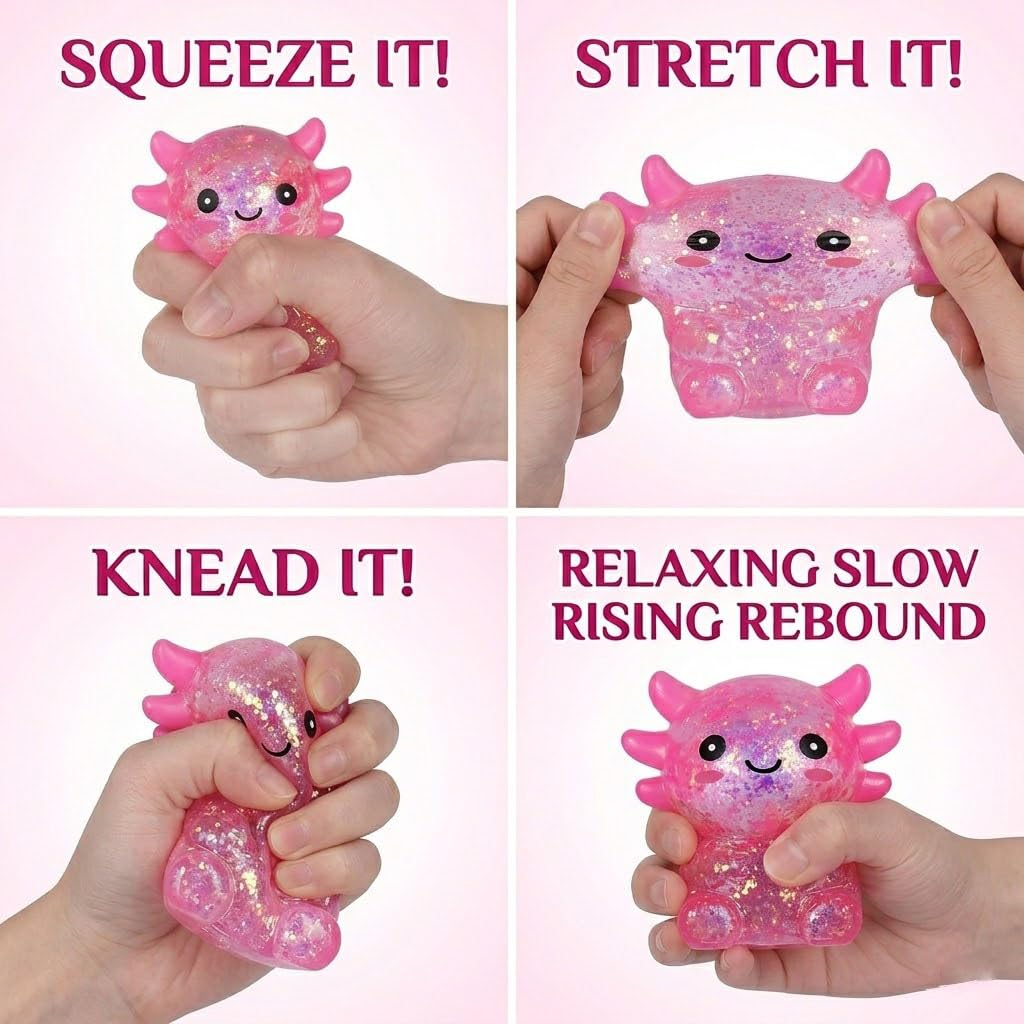 Axolotl Squishy Toy, Glitter Fidget Toys Cute Axolotl Stress Relief Squeeze Toy Gifts for Kids Youth Adult, Party Favors Squishies Toys (Pink&BlueA)