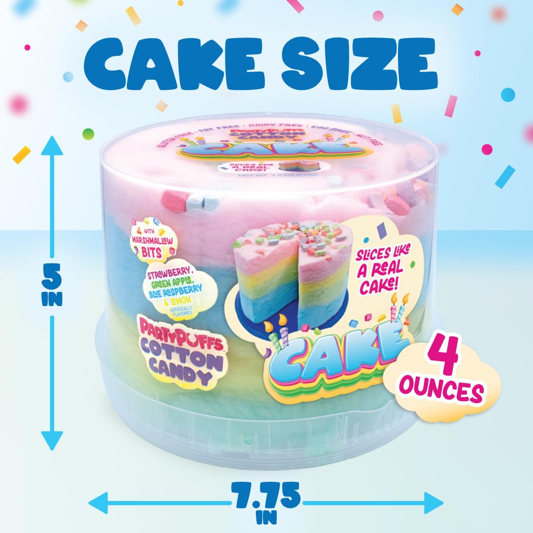 PartyPuffs 4oz Sliceable Cotton Candy Cake Tub – Strawberry Apple Blue Raspberry Lemon – Ready-to-Serve Gluten-Free Candy Dessert for Kids & Parties