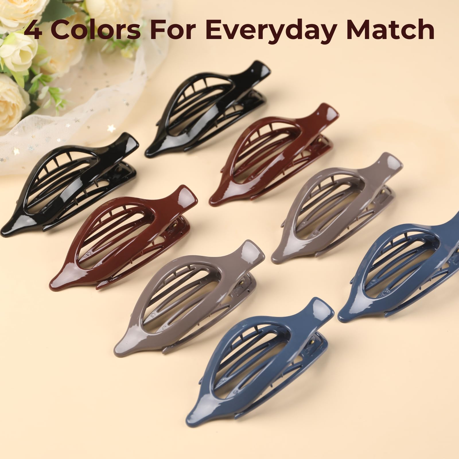 8 Pack Flat Hair Clips for Women,Matte No Crease Flat Claw Clips, Large Strong Hold Barrettes for Thick & Thin Hair, French Duckbill Styling Accessories