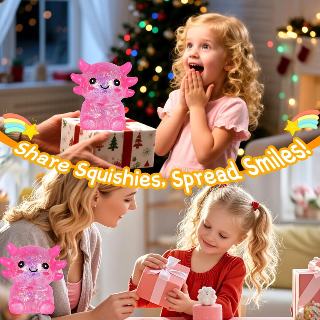 Axolotl Squishy Toy, Glitter Fidget Toys Cute Axolotl Stress Relief Squeeze Toy Gifts for Kids Youth Adult, Party Favors Squishies Toys (Pink&BlueA)