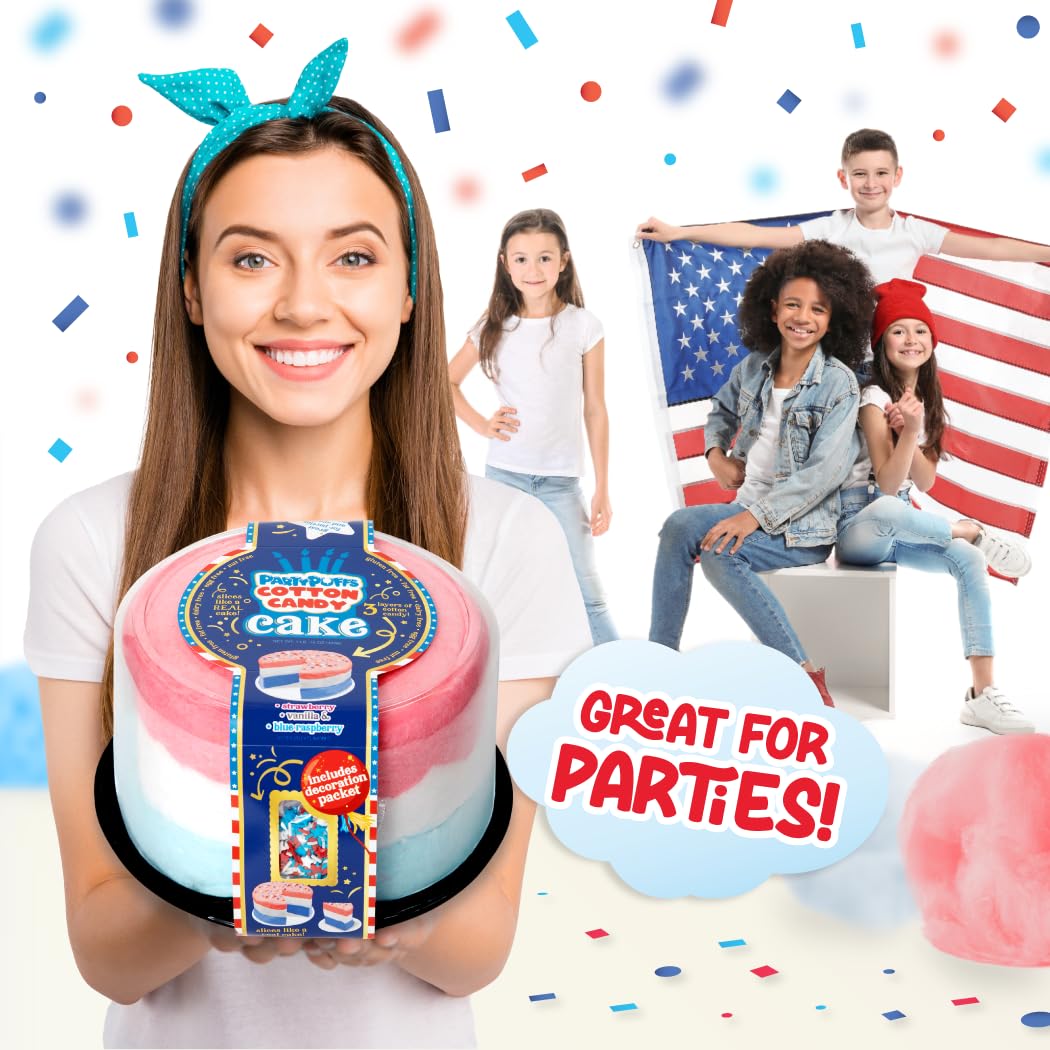 PartyPuffs 4oz Sliceable Cotton Candy Cake Tub – Strawberry Apple Blue Raspberry Lemon – Ready-to-Serve Gluten-Free Candy Dessert for Kids & Parties