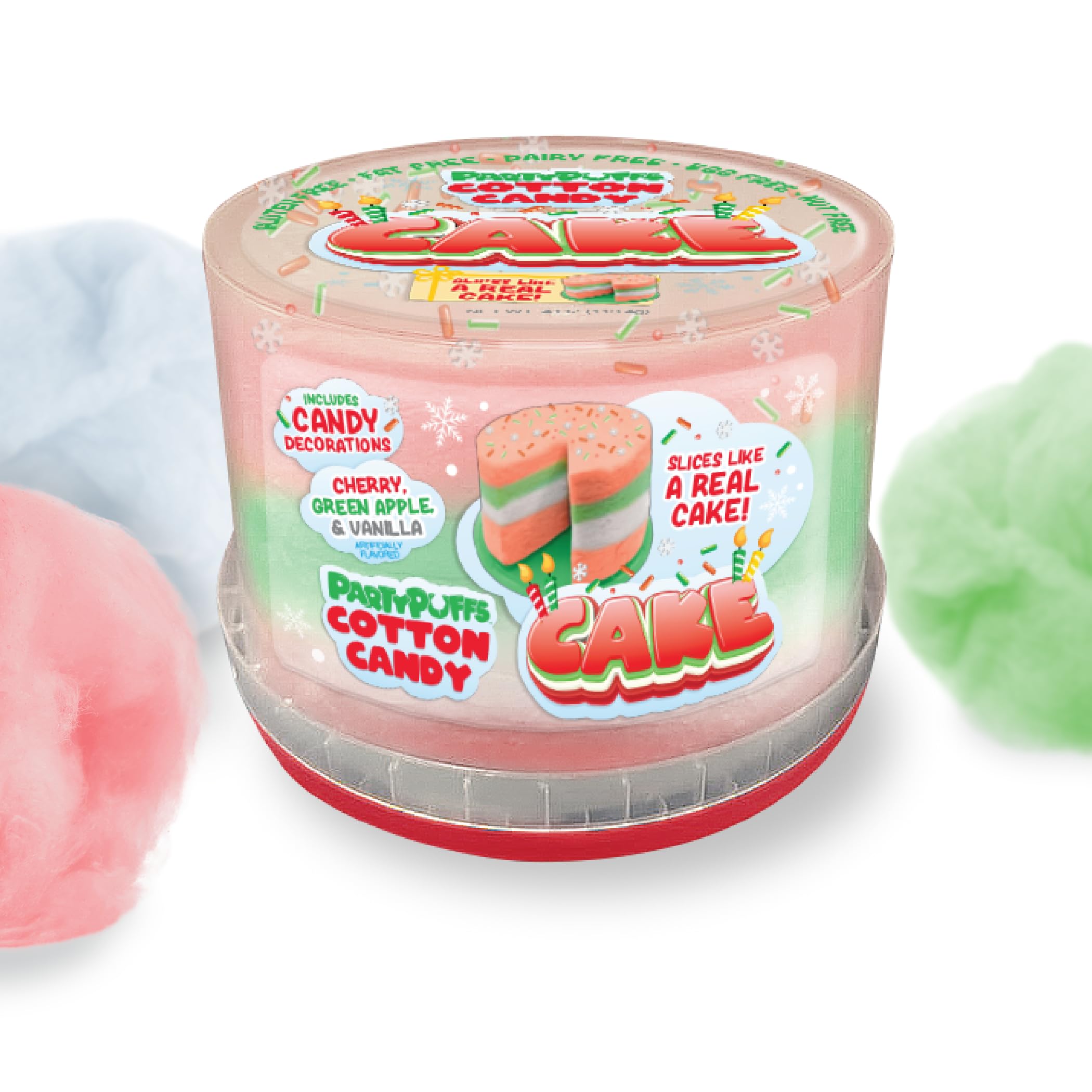 PartyPuffs 4oz Sliceable Cotton Candy Cake Tub – Strawberry Apple Blue Raspberry Lemon – Ready-to-Serve Gluten-Free Candy Dessert for Kids & Parties