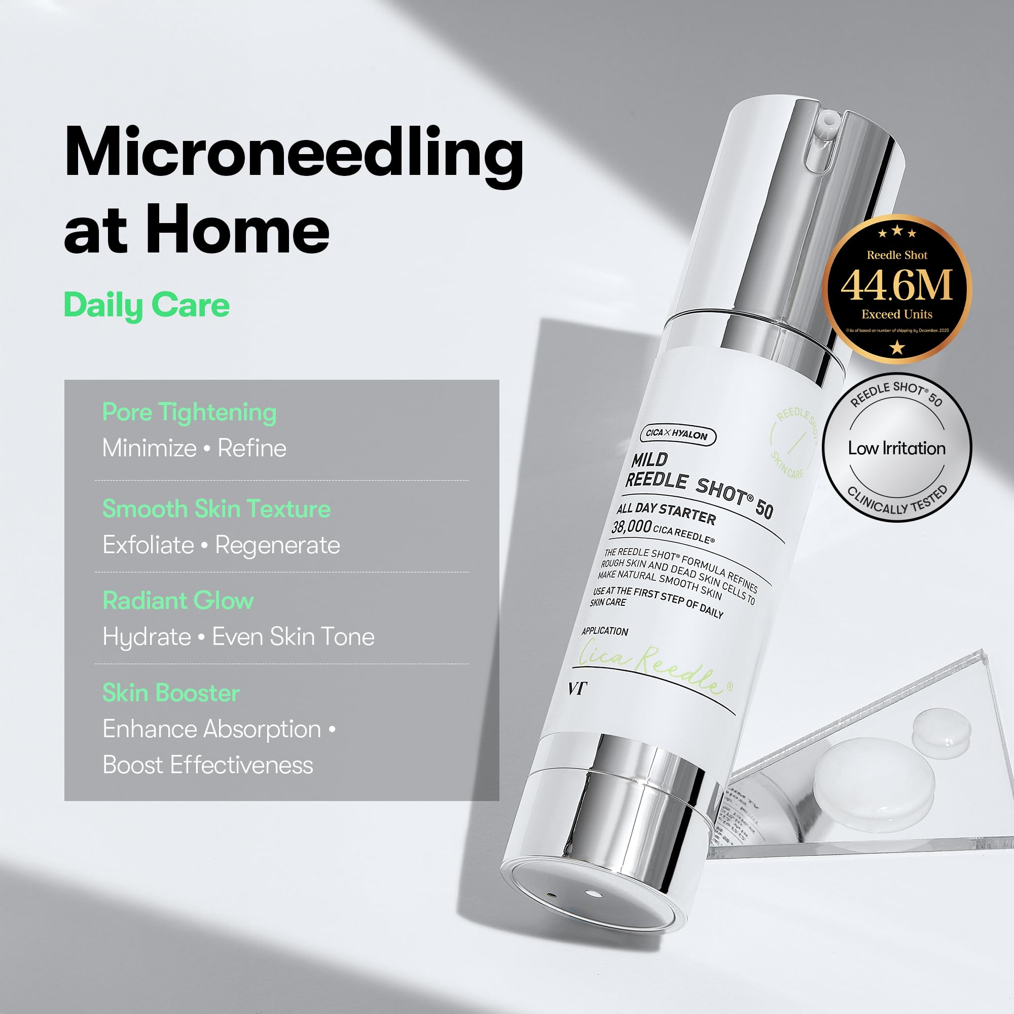VT COSMETICS CICA Reedle Shot 100, Spicule Microneedling Serum for Pore Care & Exfoliation, Exosome, Centella Asiatica for Glass Skin, Skin Texture, Korean Liquid Skin Booster (1.69 Fl Oz / 50ml)