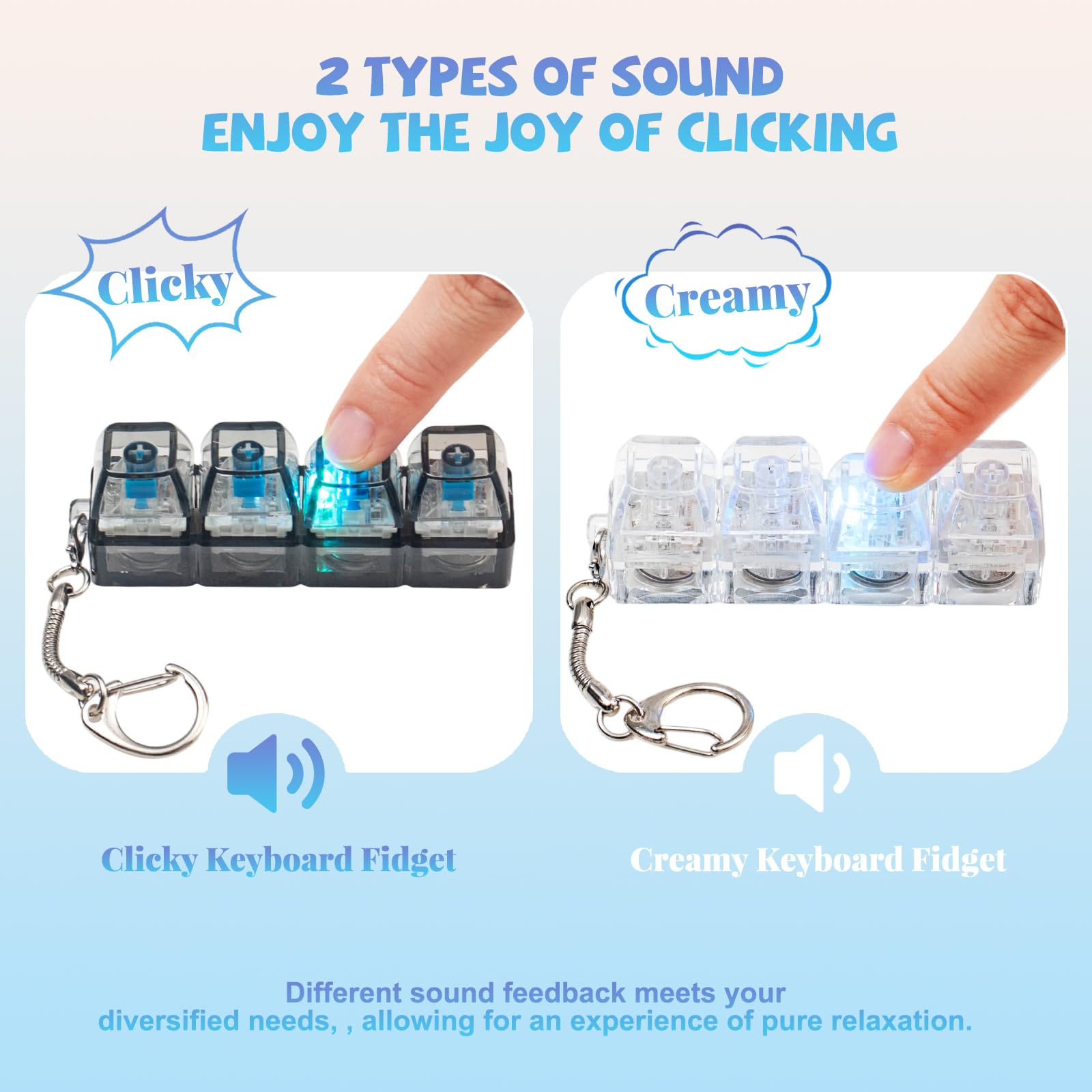 2 Pcs Keyboard Fidget Toy for Adults Fidget Keyboard Clicker Toys with LED Lights Keychain Stress Relief for Anxiety Decompression (Black and White)