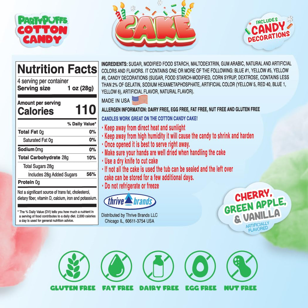 PartyPuffs 4oz Sliceable Cotton Candy Cake Tub – Strawberry Apple Blue Raspberry Lemon – Ready-to-Serve Gluten-Free Candy Dessert for Kids & Parties
