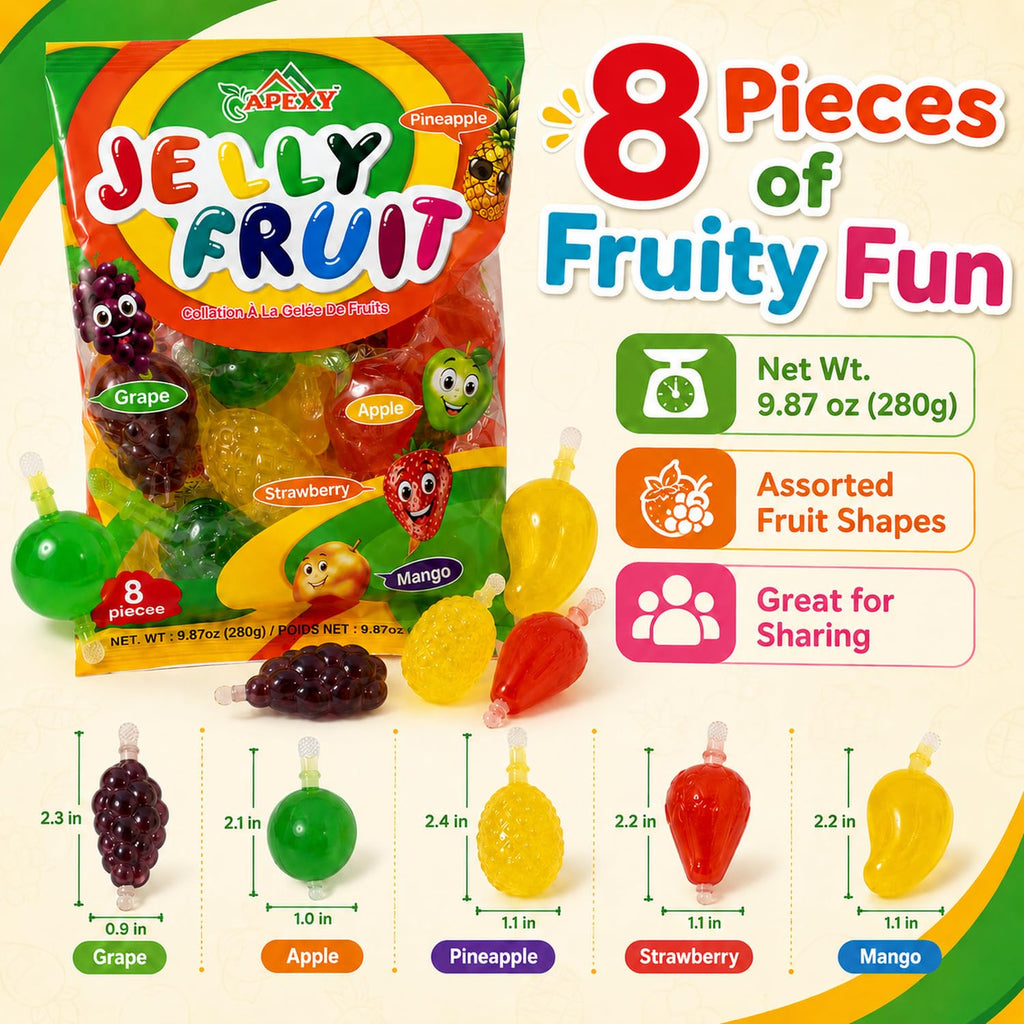 Apexy Jelly Fruit, Tiktok Candy Trend Items, Tik Tok Hit or Miss Challenge, Assorted Fruit Shaped Jelly, Strawberry, Mango, Apple, Pineapple, Grape. 9.87oz.