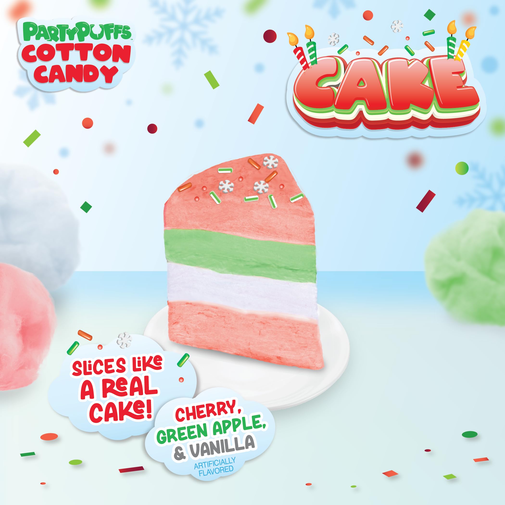 PartyPuffs 4oz Sliceable Cotton Candy Cake Tub – Strawberry Apple Blue Raspberry Lemon – Ready-to-Serve Gluten-Free Candy Dessert for Kids & Parties