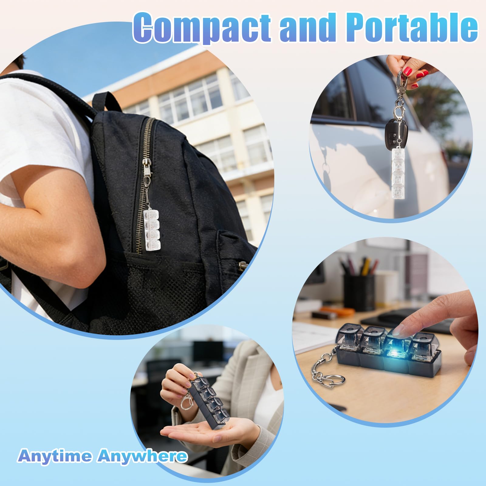 2 Pcs Keyboard Fidget Toy for Adults Fidget Keyboard Clicker Toys with LED Lights Keychain Stress Relief for Anxiety Decompression (Black and White)