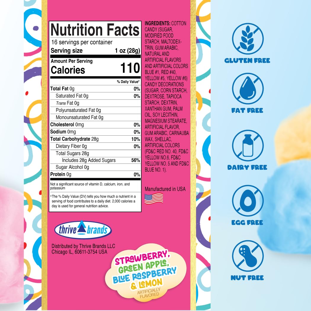 PartyPuffs 4oz Sliceable Cotton Candy Cake Tub – Strawberry Apple Blue Raspberry Lemon – Ready-to-Serve Gluten-Free Candy Dessert for Kids & Parties