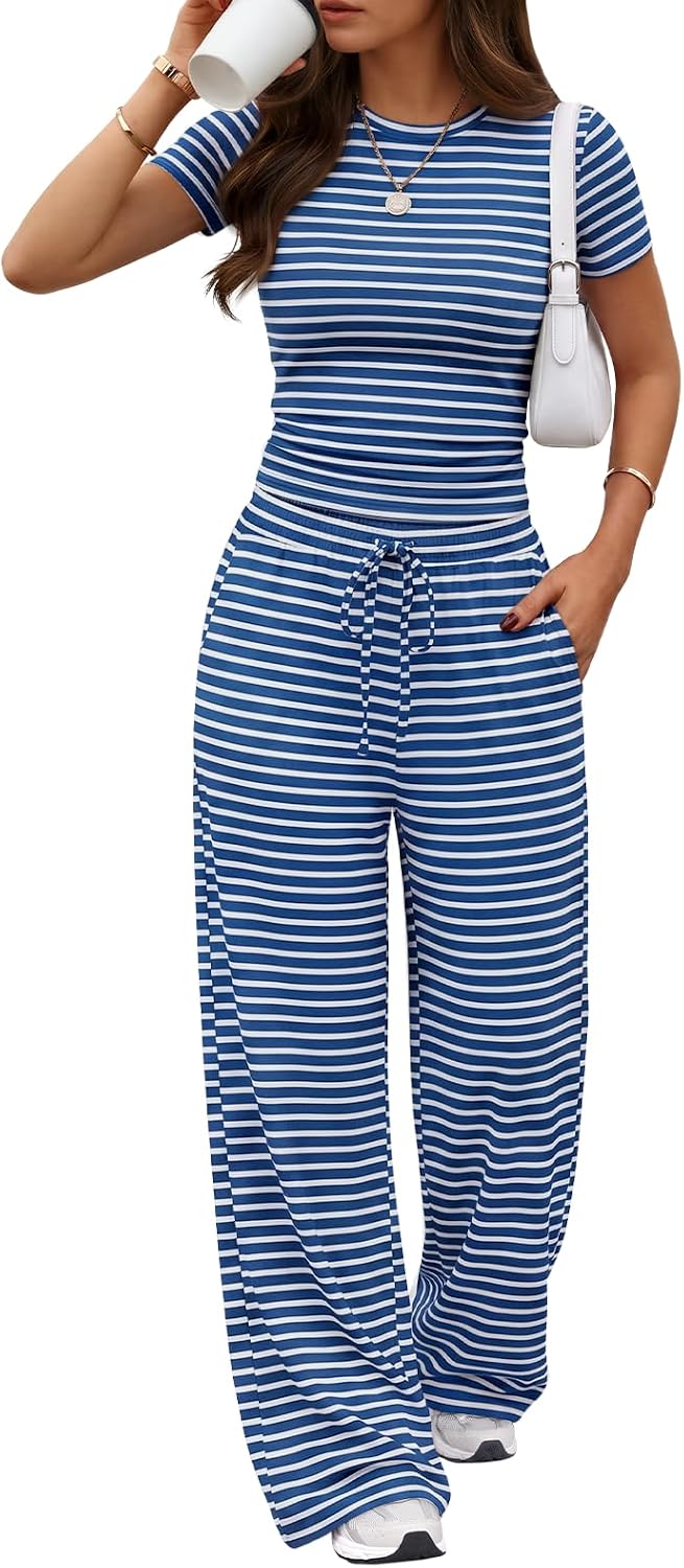 Trendy Queen 2 Piece Matching Summer Lounge Set Womens Side Ruching Top Wide Leg Pants Sets with Pockets