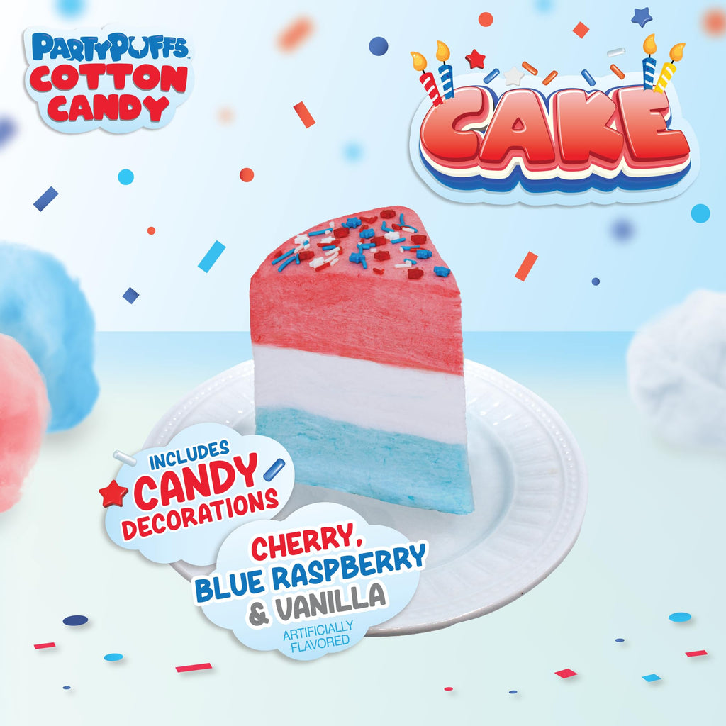 PartyPuffs 4oz Sliceable Cotton Candy Cake Tub – Strawberry Apple Blue Raspberry Lemon – Ready-to-Serve Gluten-Free Candy Dessert for Kids & Parties