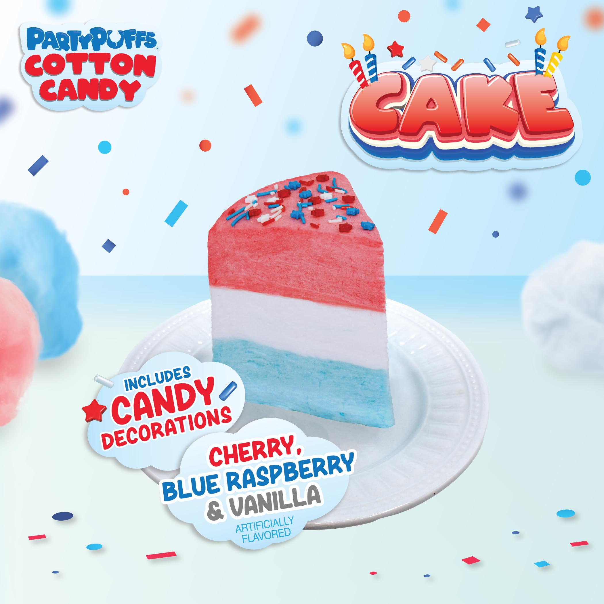 PartyPuffs 4oz Sliceable Cotton Candy Cake Tub – Strawberry Apple Blue Raspberry Lemon – Ready-to-Serve Gluten-Free Candy Dessert for Kids & Parties