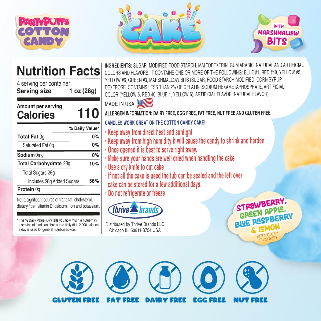 PartyPuffs 4oz Sliceable Cotton Candy Cake Tub – Strawberry Apple Blue Raspberry Lemon – Ready-to-Serve Gluten-Free Candy Dessert for Kids & Parties