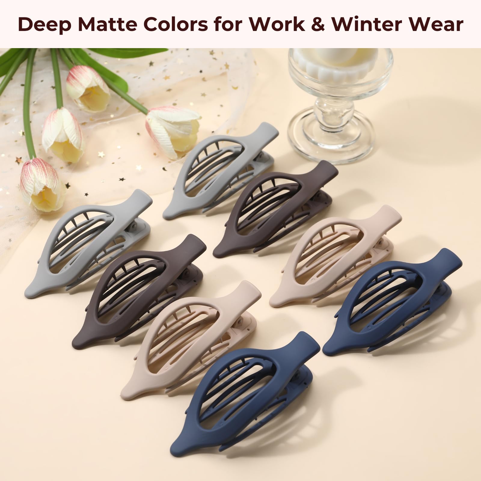 8 Pack Flat Hair Clips for Women,Matte No Crease Flat Claw Clips, Large Strong Hold Barrettes for Thick & Thin Hair, French Duckbill Styling Accessories