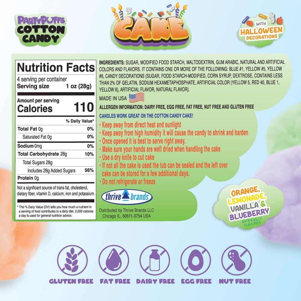 PartyPuffs 4oz Sliceable Cotton Candy Cake Tub – Strawberry Apple Blue Raspberry Lemon – Ready-to-Serve Gluten-Free Candy Dessert for Kids & Parties