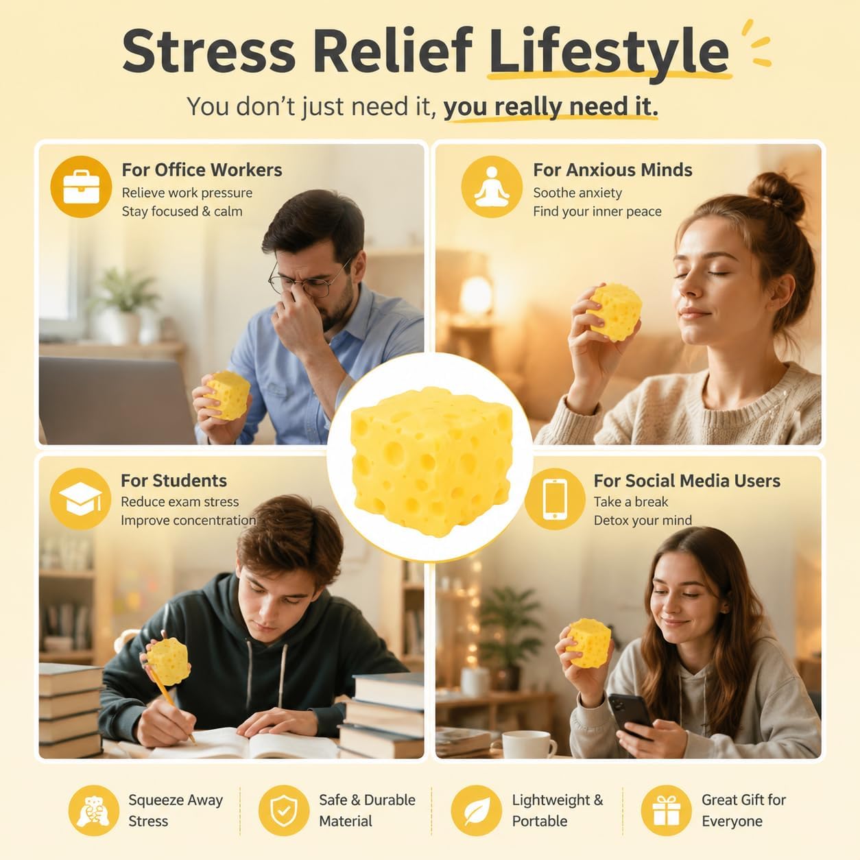 2Pcs Cheese Squishy Toy, Slow Rising Squishy Toys, Cheese Stress Ball, Slow Rise Squishies, Squeeze Cheese Squishy Skin, Suitable for Adults and Children Food Cheese Squishy (Yellow)