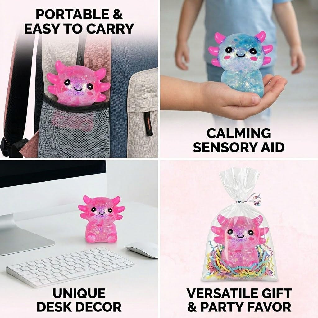 Axolotl Squishy Toy, Glitter Fidget Toys Cute Axolotl Stress Relief Squeeze Toy Gifts for Kids Youth Adult, Party Favors Squishies Toys (Pink&BlueA)