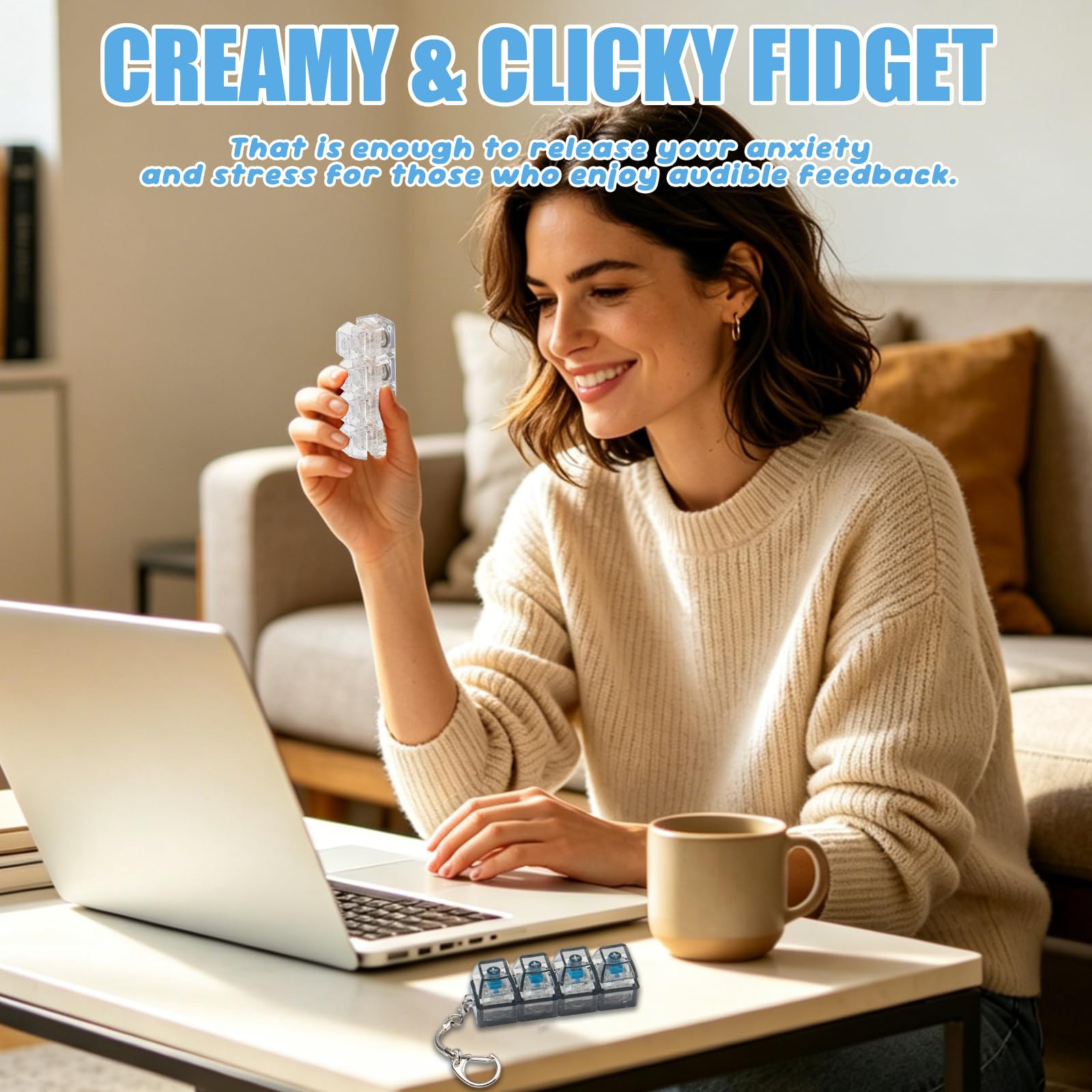 2 Pcs Keyboard Fidget Toy for Adults Fidget Keyboard Clicker Toys with LED Lights Keychain Stress Relief for Anxiety Decompression (Black and White)