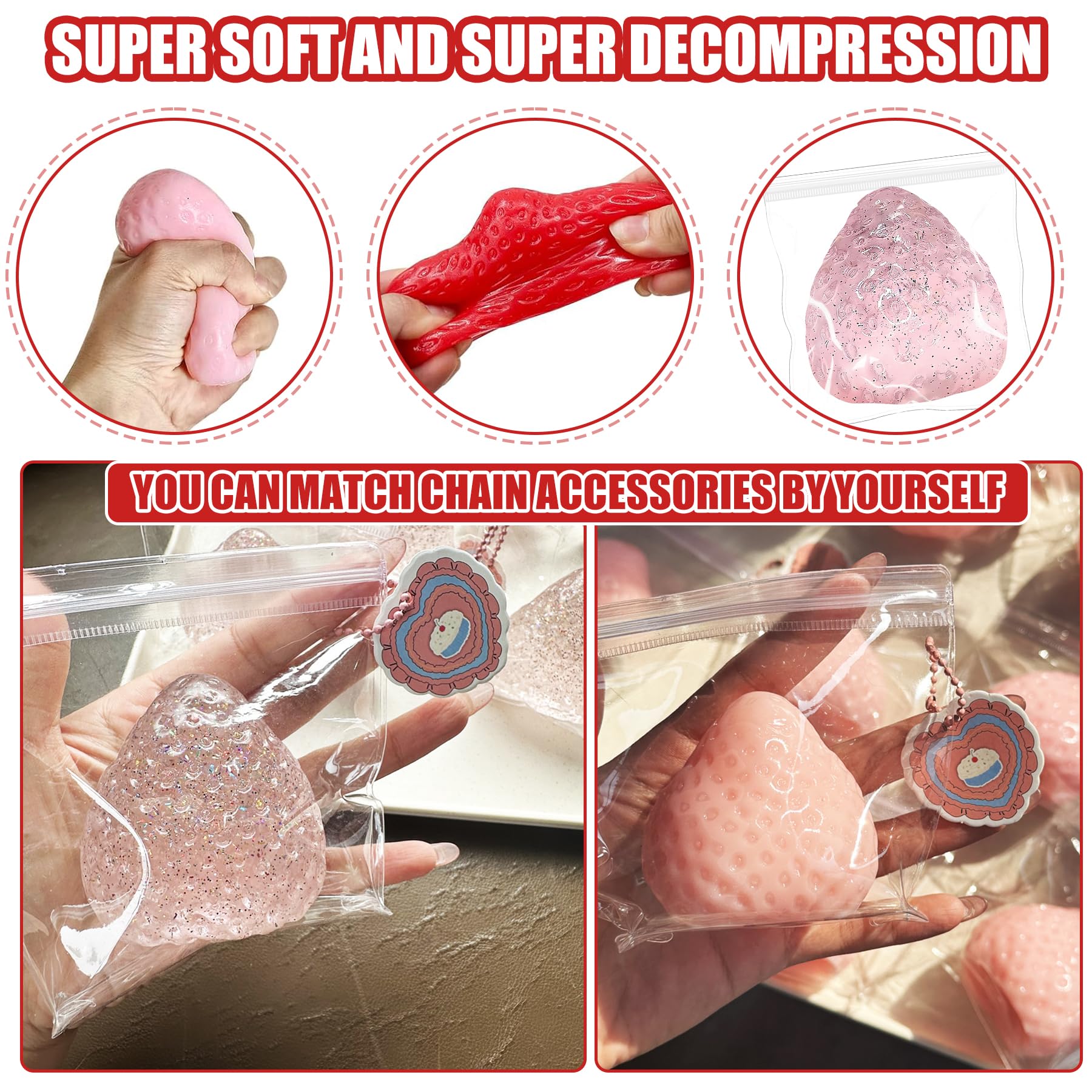 3Pcs Big Taba Squishies Strawberry, Cute Strawberry Squeeze Toys, Upgrade Fruit Squishies, Kawaii Sticky Stress Toy, Clear Fidget Toys, Valentines Gift for Kids, Teen Boys Girls Birthday Gift Ideas