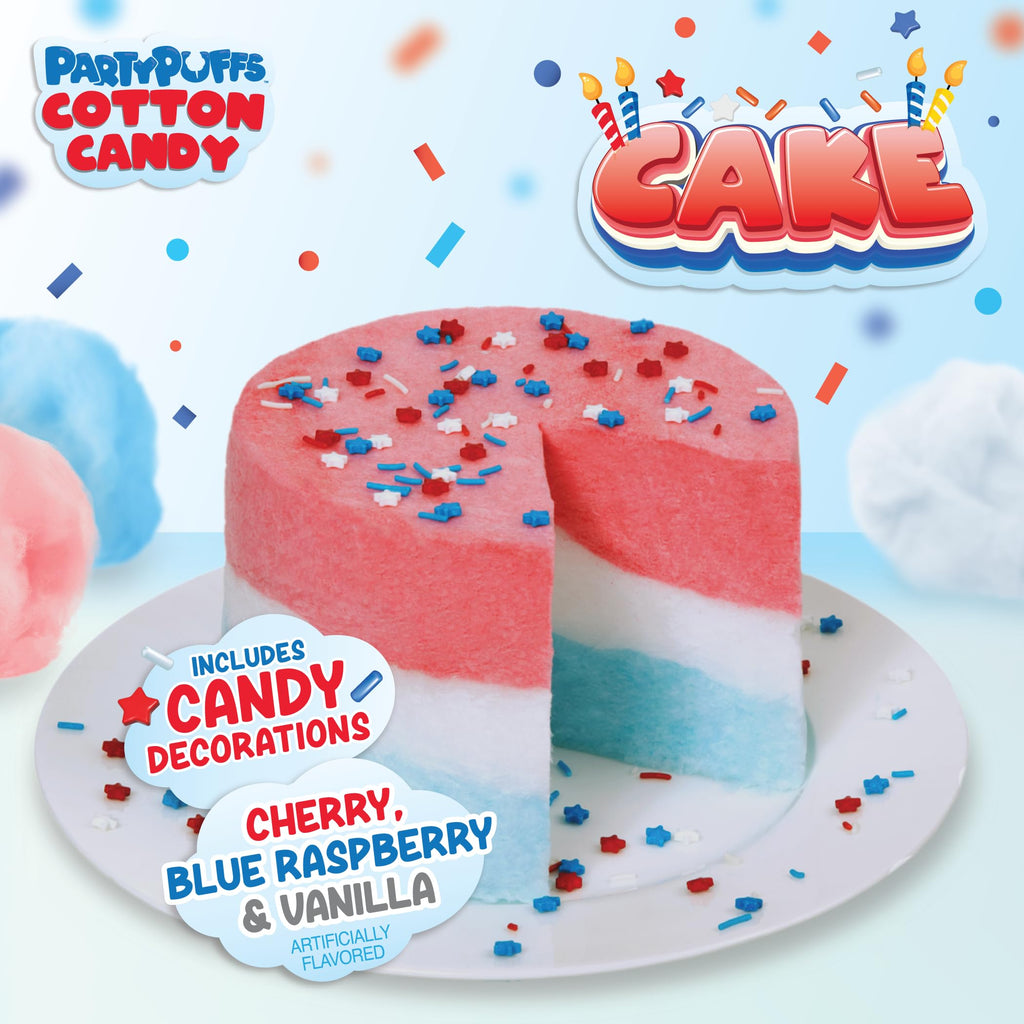 PartyPuffs 4oz Sliceable Cotton Candy Cake Tub – Strawberry Apple Blue Raspberry Lemon – Ready-to-Serve Gluten-Free Candy Dessert for Kids & Parties