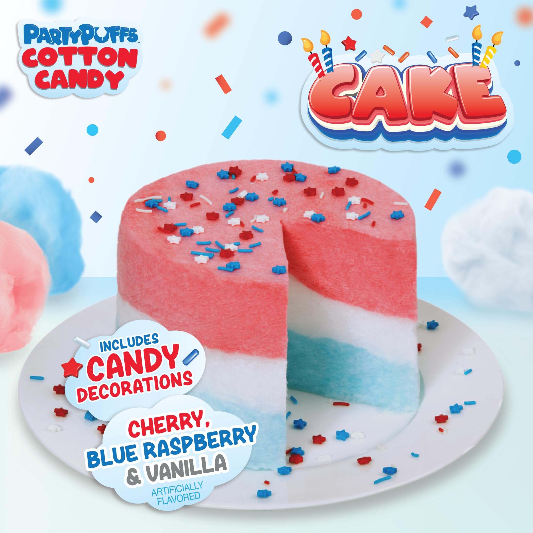 PartyPuffs 4oz Sliceable Cotton Candy Cake Tub – Strawberry Apple Blue Raspberry Lemon – Ready-to-Serve Gluten-Free Candy Dessert for Kids & Parties