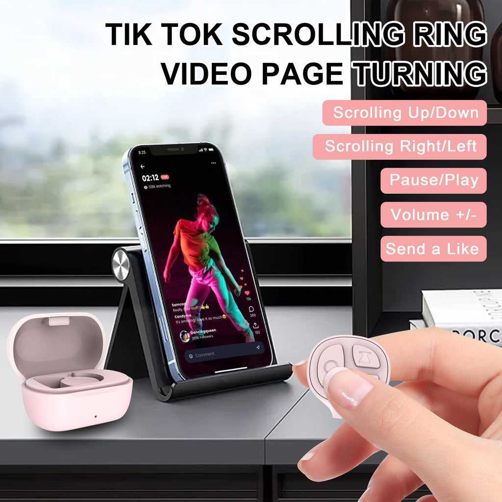 Tiktok Scrolling Ring, Bluetooth Camera Remote Control, Scrolling Ring Remote for iPhone TikTok FB YouTube IG Android Phone, Fingertip Wireless Scroller Page Turner (Baby Pink)