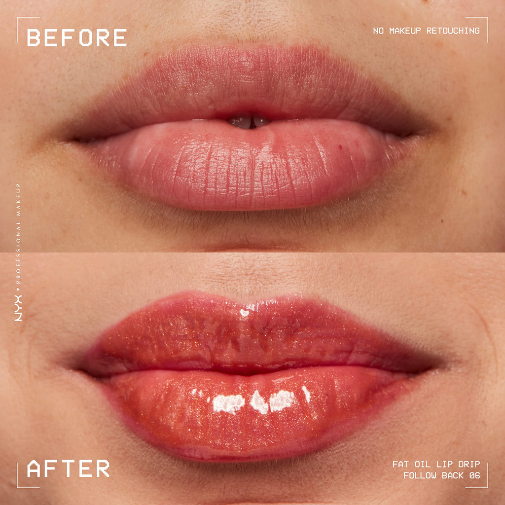 NYX PROFESSIONAL MAKEUP Fat Oil Lip Drip, Moisturizing Lip Oil Gloss, Vegan Tinted Formula, Up to 12 HR Hydration - Follow Back (Shimmering Warm Nude)