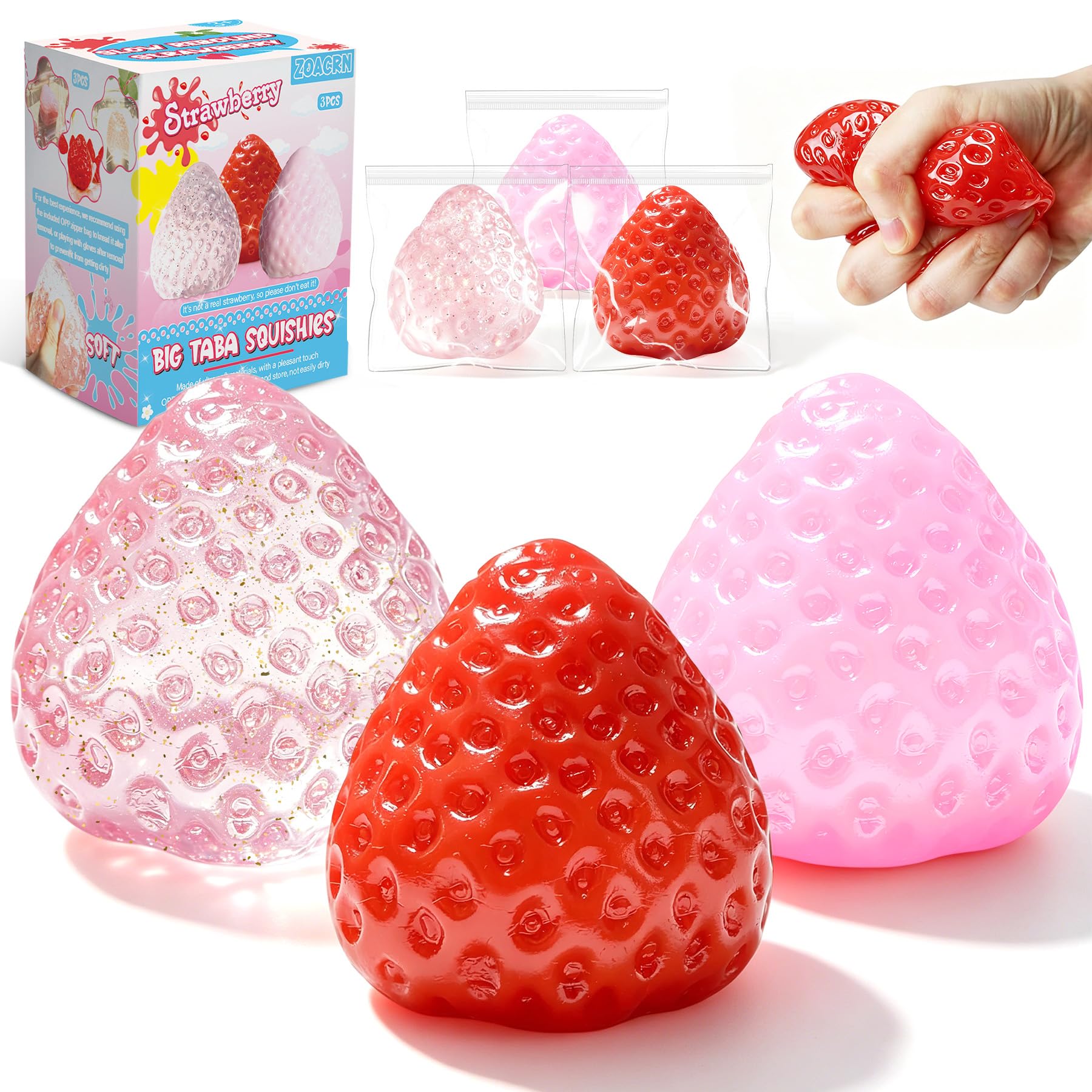 3Pcs Big Taba Squishies Strawberry, Cute Strawberry Squeeze Toys, Upgrade Fruit Squishies, Kawaii Sticky Stress Toy, Clear Fidget Toys, Valentines Gift for Kids, Teen Boys Girls Birthday Gift Ideas