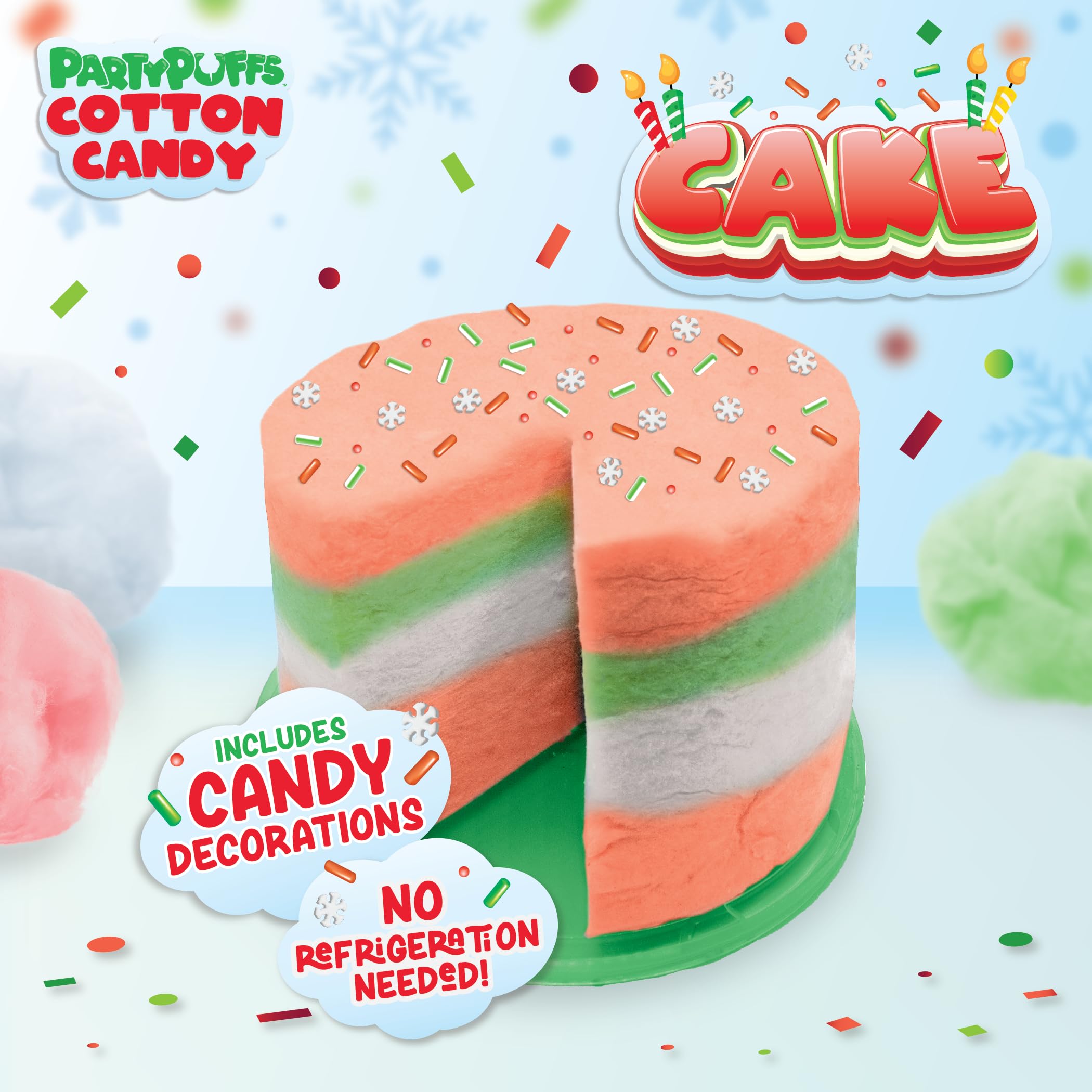 PartyPuffs 4oz Sliceable Cotton Candy Cake Tub – Strawberry Apple Blue Raspberry Lemon – Ready-to-Serve Gluten-Free Candy Dessert for Kids & Parties