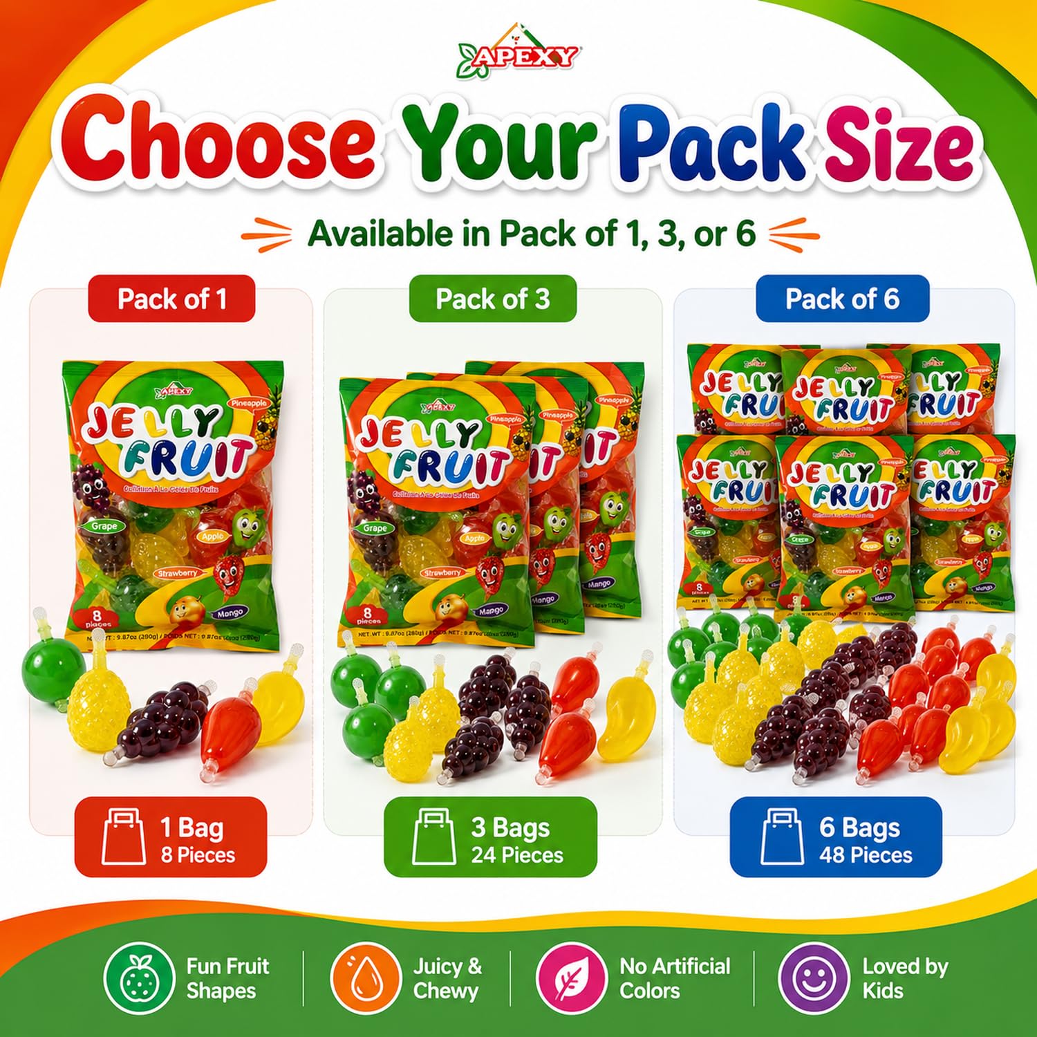 Apexy Jelly Fruit, Tiktok Candy Trend Items, Tik Tok Hit or Miss Challenge, Assorted Fruit Shaped Jelly, Strawberry, Mango, Apple, Pineapple, Grape. 9.87oz.
