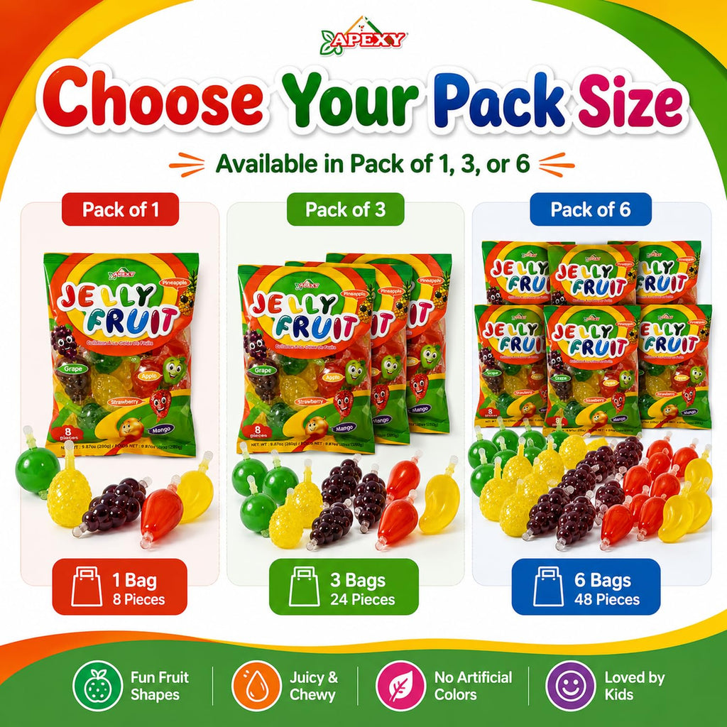 Apexy Jelly Fruit, Tiktok Candy Trend Items, Tik Tok Hit or Miss Challenge, Assorted Fruit Shaped Jelly, Strawberry, Mango, Apple, Pineapple, Grape. 9.87oz.