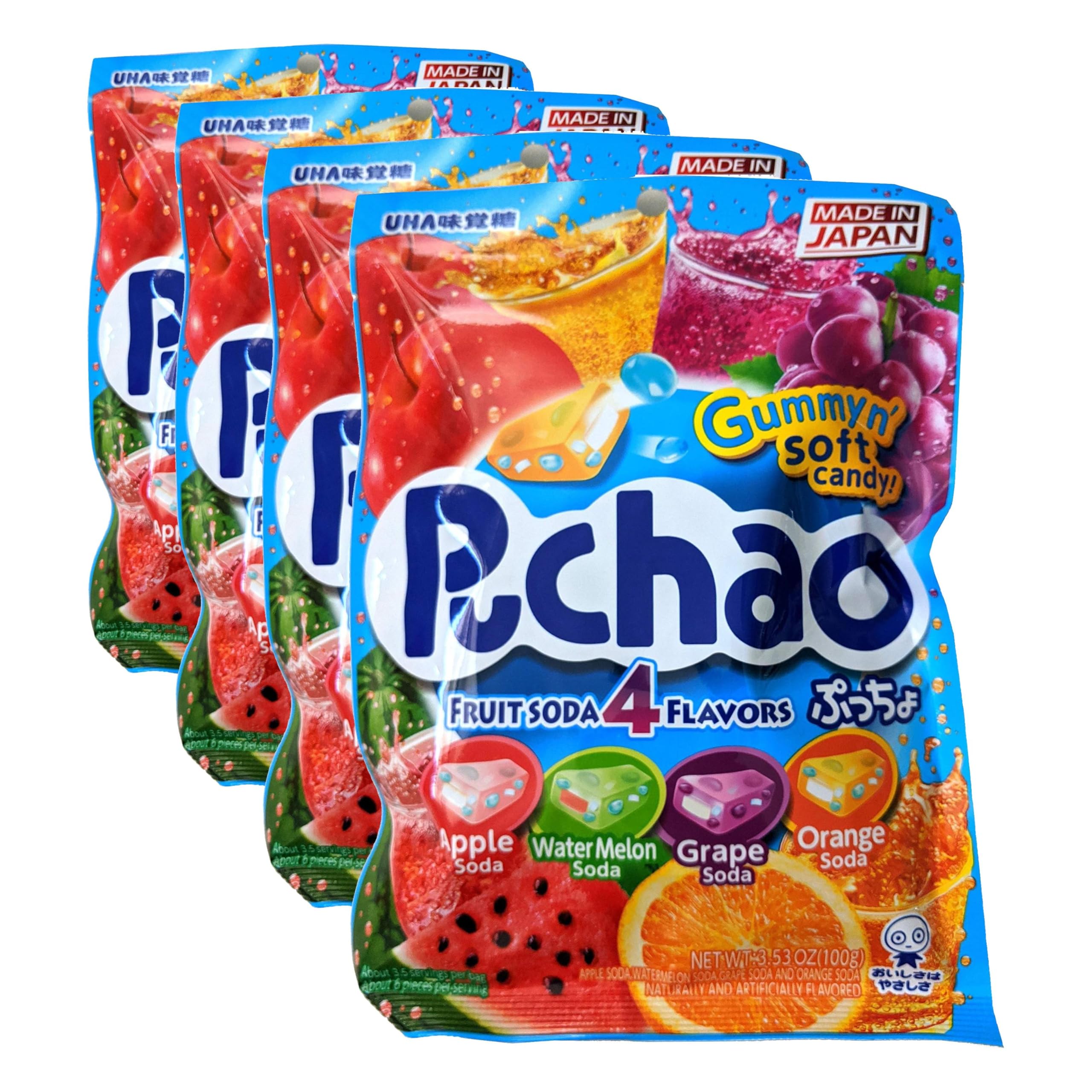 Puchao Japanese Chewy Candy, 4 Fruit Soda Flavors - Apple, Watermelon, Grape, Orange, Soft Candy with Fizzy Gummy Bits Inside, As Seen on TikTok, Variety Pack, Product of Japan