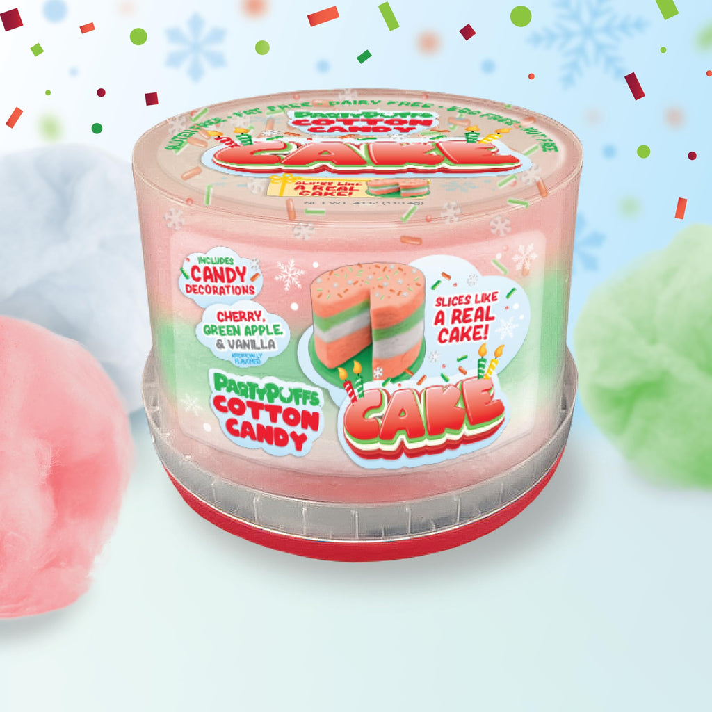 PartyPuffs 4oz Sliceable Cotton Candy Cake Tub – Strawberry Apple Blue Raspberry Lemon – Ready-to-Serve Gluten-Free Candy Dessert for Kids & Parties