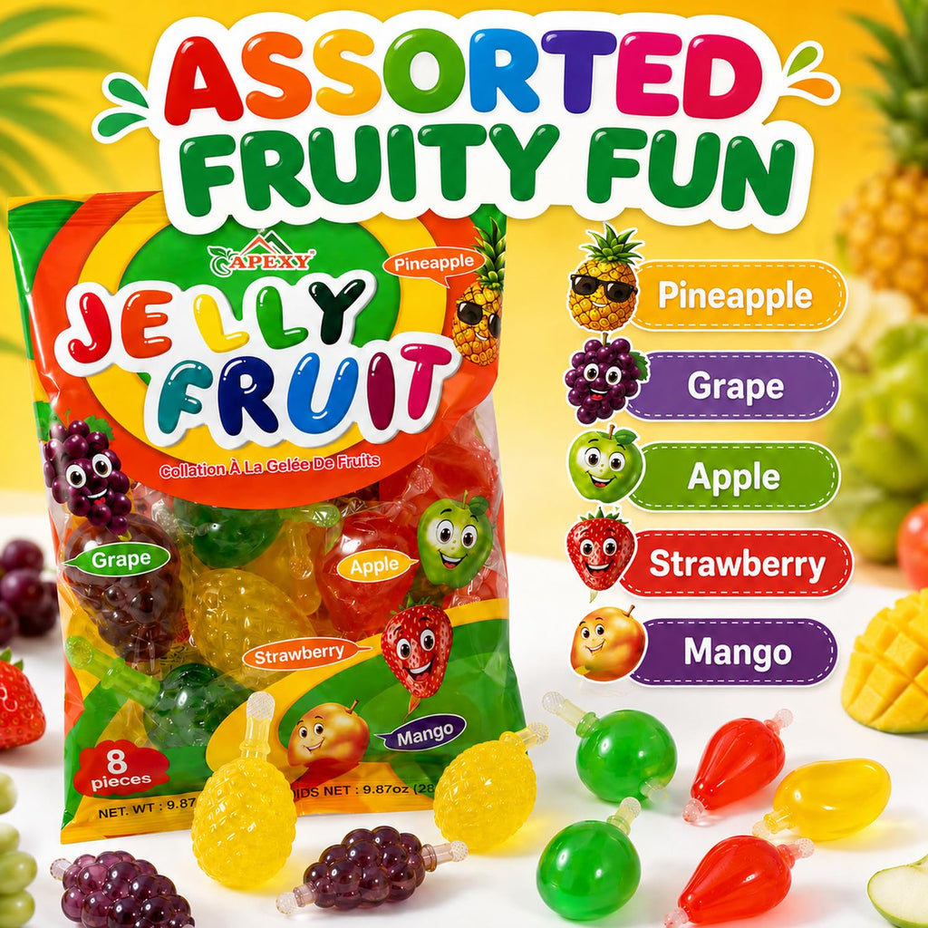 Apexy Jelly Fruit, Tiktok Candy Trend Items, Tik Tok Hit or Miss Challenge, Assorted Fruit Shaped Jelly, Strawberry, Mango, Apple, Pineapple, Grape. 9.87oz.