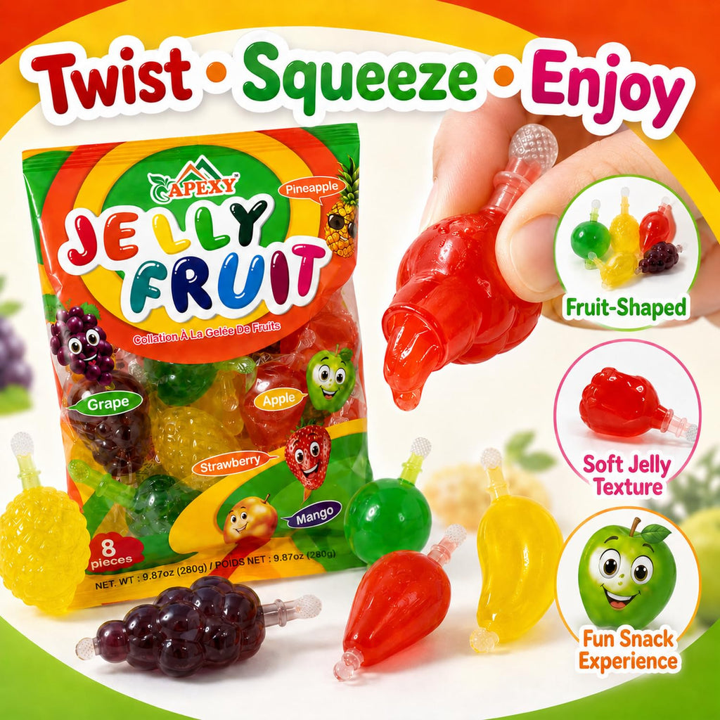 Apexy Jelly Fruit, Tiktok Candy Trend Items, Tik Tok Hit or Miss Challenge, Assorted Fruit Shaped Jelly, Strawberry, Mango, Apple, Pineapple, Grape. 9.87oz.