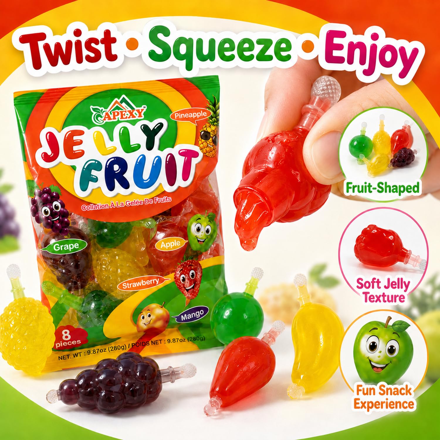 Apexy Jelly Fruit, Tiktok Candy Trend Items, Tik Tok Hit or Miss Challenge, Assorted Fruit Shaped Jelly, Strawberry, Mango, Apple, Pineapple, Grape. 9.87oz.