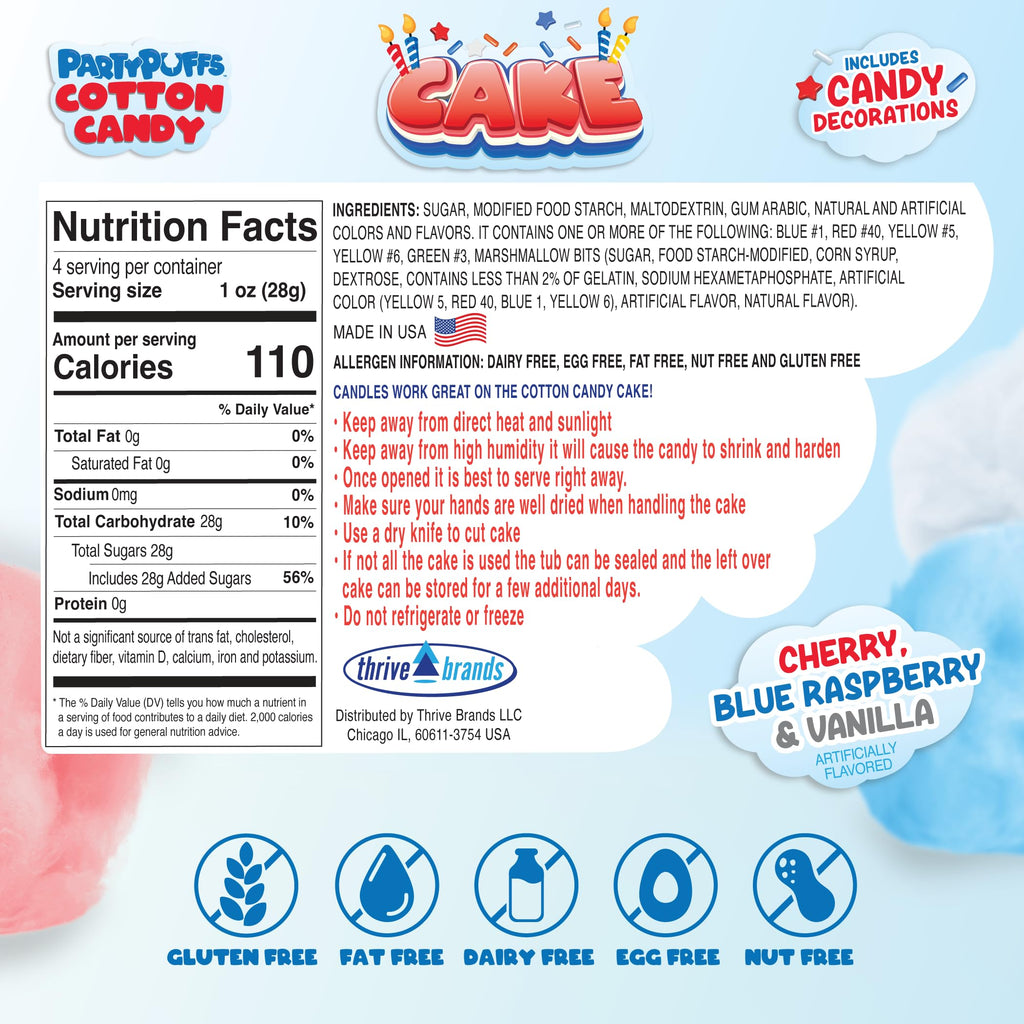 PartyPuffs 4oz Sliceable Cotton Candy Cake Tub – Strawberry Apple Blue Raspberry Lemon – Ready-to-Serve Gluten-Free Candy Dessert for Kids & Parties