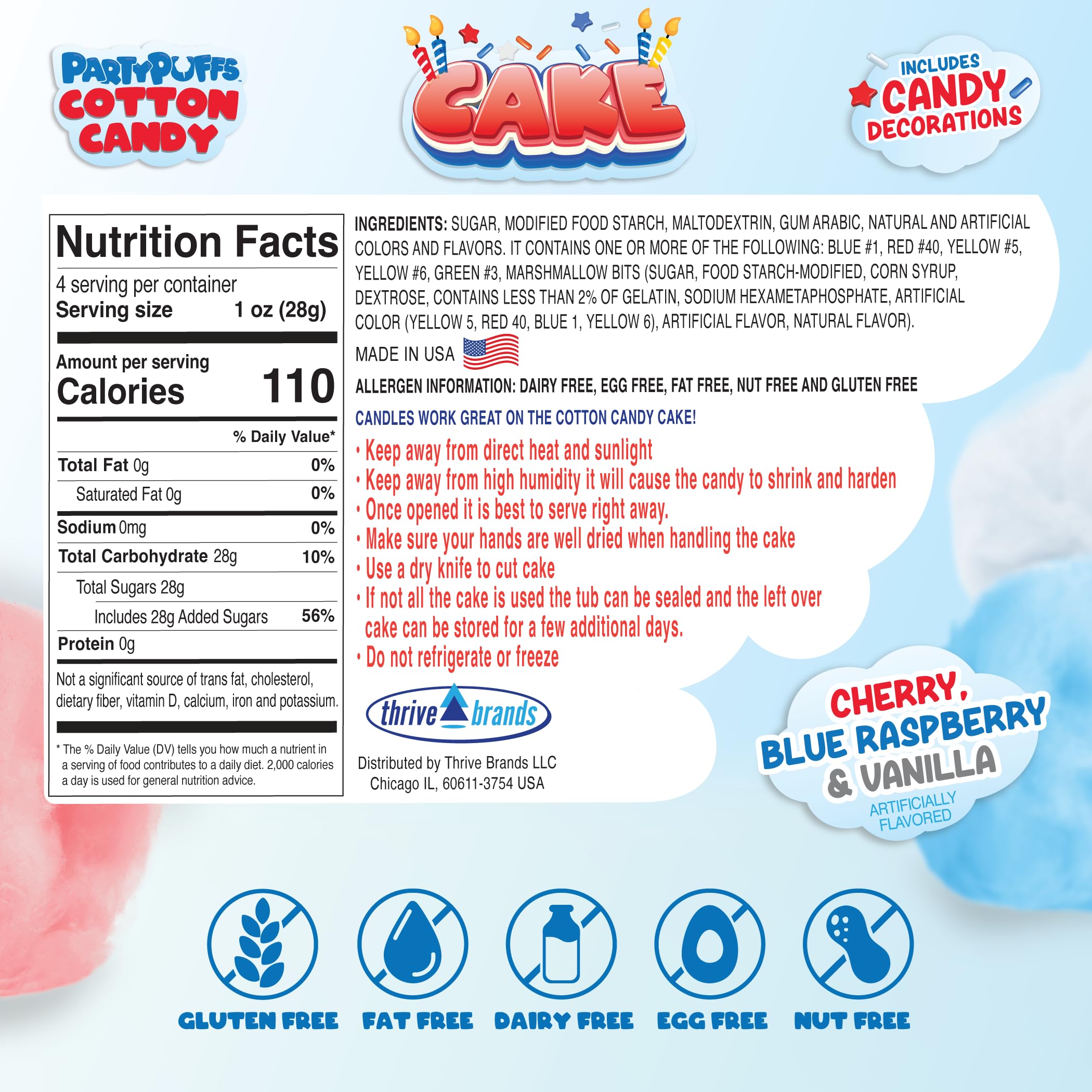 PartyPuffs 4oz Sliceable Cotton Candy Cake Tub – Strawberry Apple Blue Raspberry Lemon – Ready-to-Serve Gluten-Free Candy Dessert for Kids & Parties