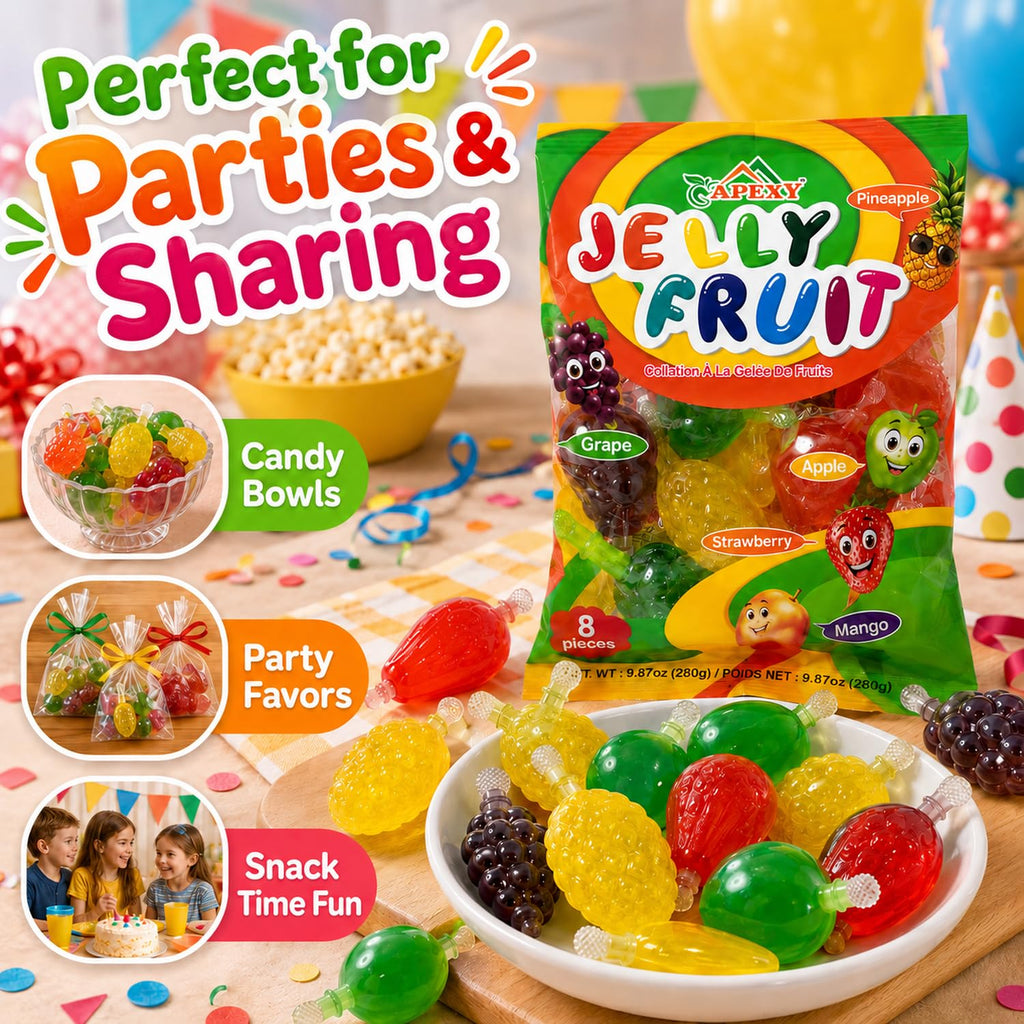 Apexy Jelly Fruit, Tiktok Candy Trend Items, Tik Tok Hit or Miss Challenge, Assorted Fruit Shaped Jelly, Strawberry, Mango, Apple, Pineapple, Grape. 9.87oz.