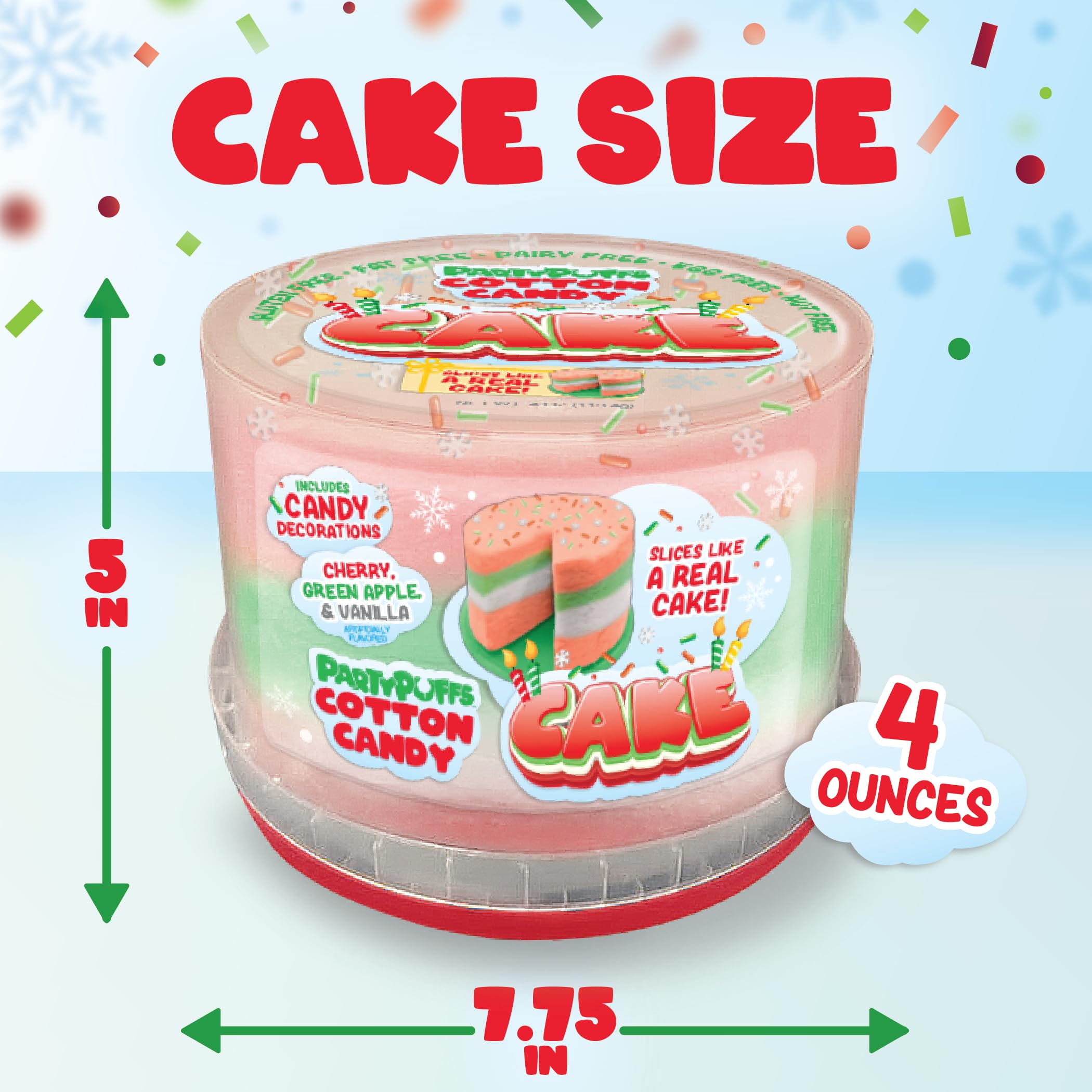 PartyPuffs 4oz Sliceable Cotton Candy Cake Tub – Strawberry Apple Blue Raspberry Lemon – Ready-to-Serve Gluten-Free Candy Dessert for Kids & Parties